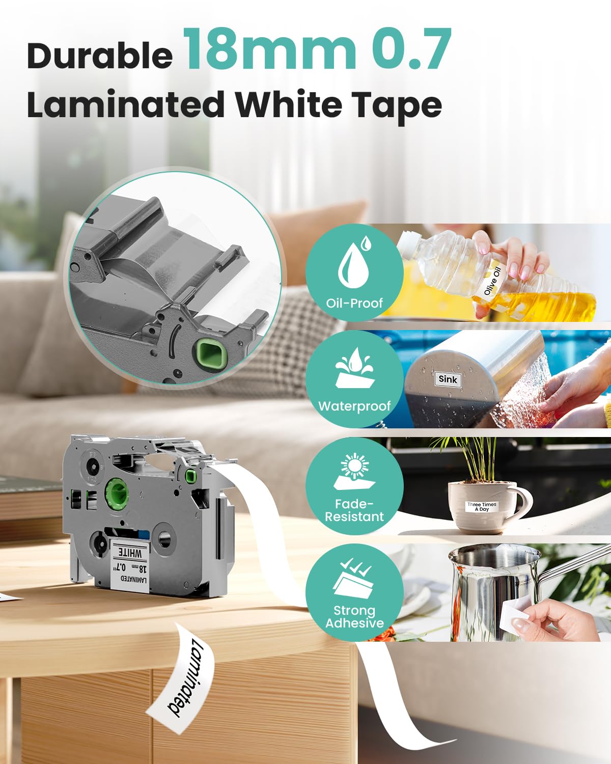 Nastro per etichette di ricambio da 18 mm per TZe-241 Brother Label Maker Tape 18 mm 0,7 pollici Tz laminato bianco TZe241 P-Touch nero su bianco per PTD410 PT-D400 PT-D610BT PTD600 ricarica, 3/4