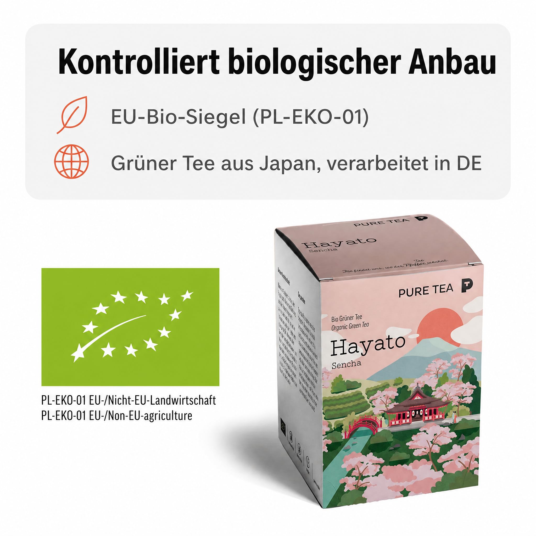 6 x Pure Tea Grüner Tee Sencha Hayato, japanischer Grüntee im Kissenbeutel, 15 Beutel à 3 g, Premiumqualität, Dispenserbox, frisch-duftiges Aroma