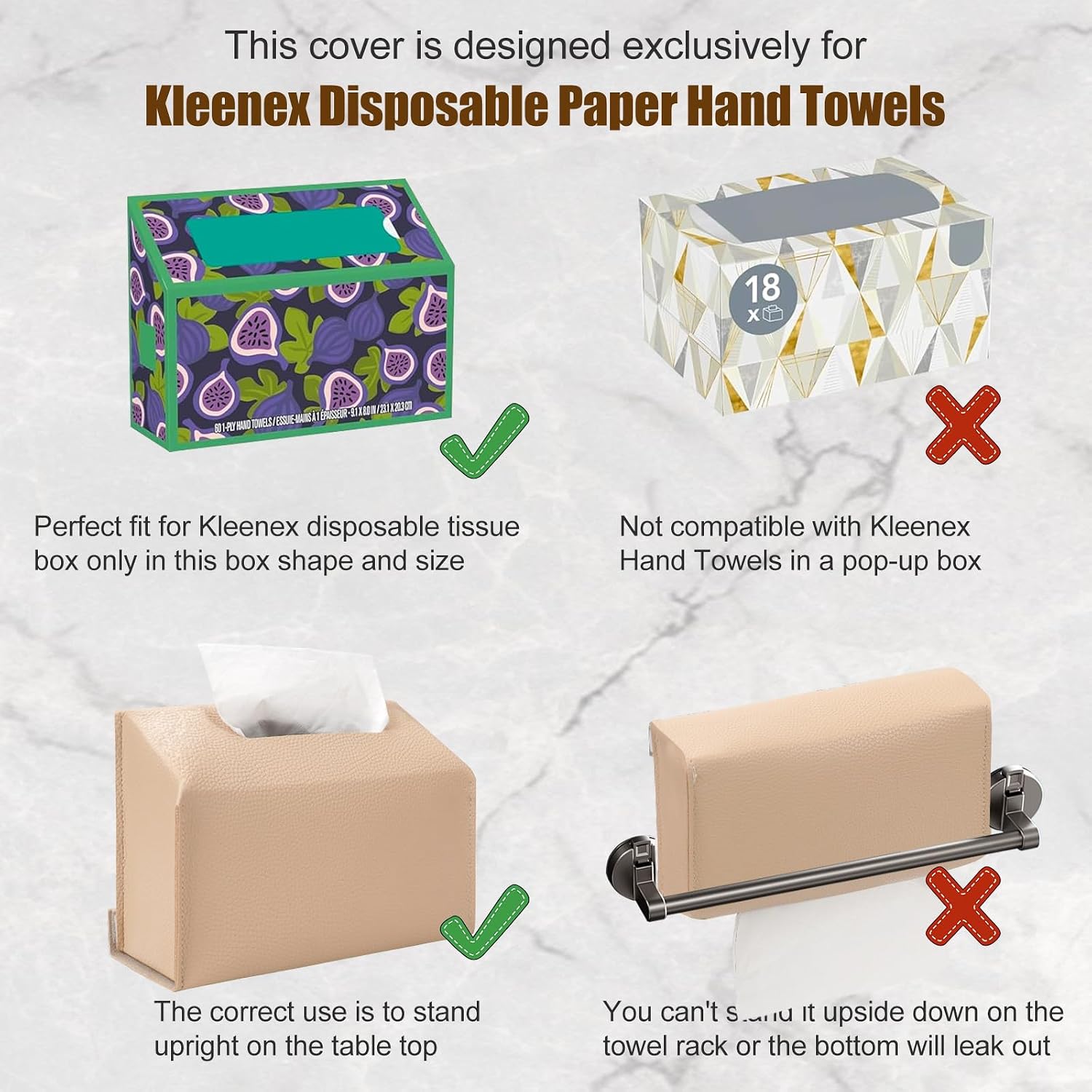Stylish Tissue Box Cover Holder Compatible with Kleenex Disposable Paper Hand Towels, Leather Wall-Mounted Towel Dispenser for Tabletop, Bathroom, Dining,Kitchen,Bathroom. (Khaki)