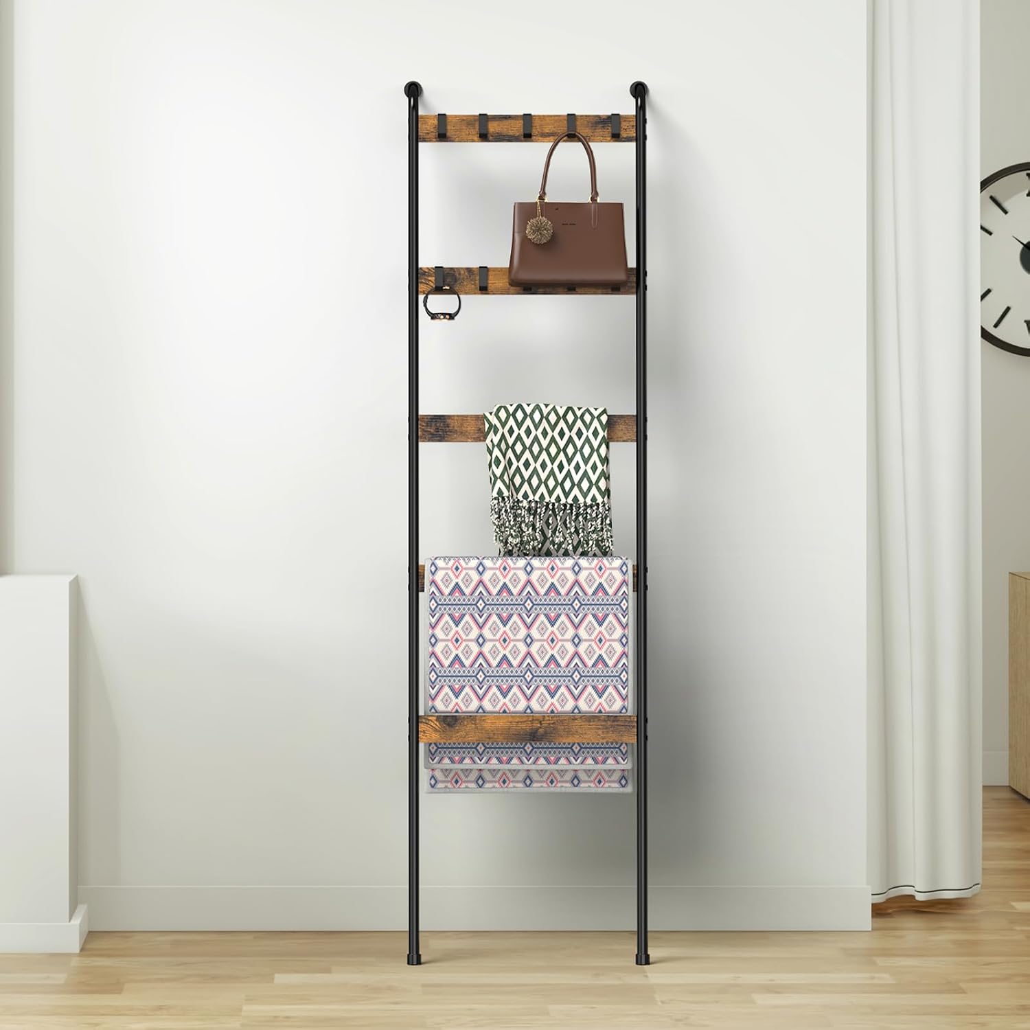 Blanket Ladders for the Living Room 5 Tier Towel Ladder for Bathroom with 10 Removable Hooks Wall Leaning Quilt Rack for Bedroom Display Rustic Farmhouse Home Decor, Rustic Brown