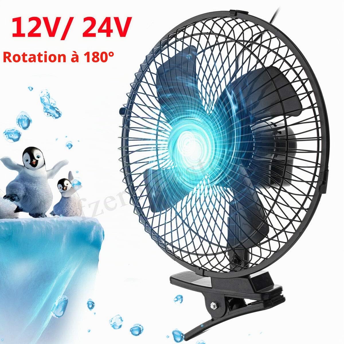 Baceyong Ventilateur électrique 12 V/24 V pour voiture, camionnette, maison, rotation à 180 °, 2 vitesses, flux d'air avec clip pour voiture, camion, bus, véhicule tout-terrain