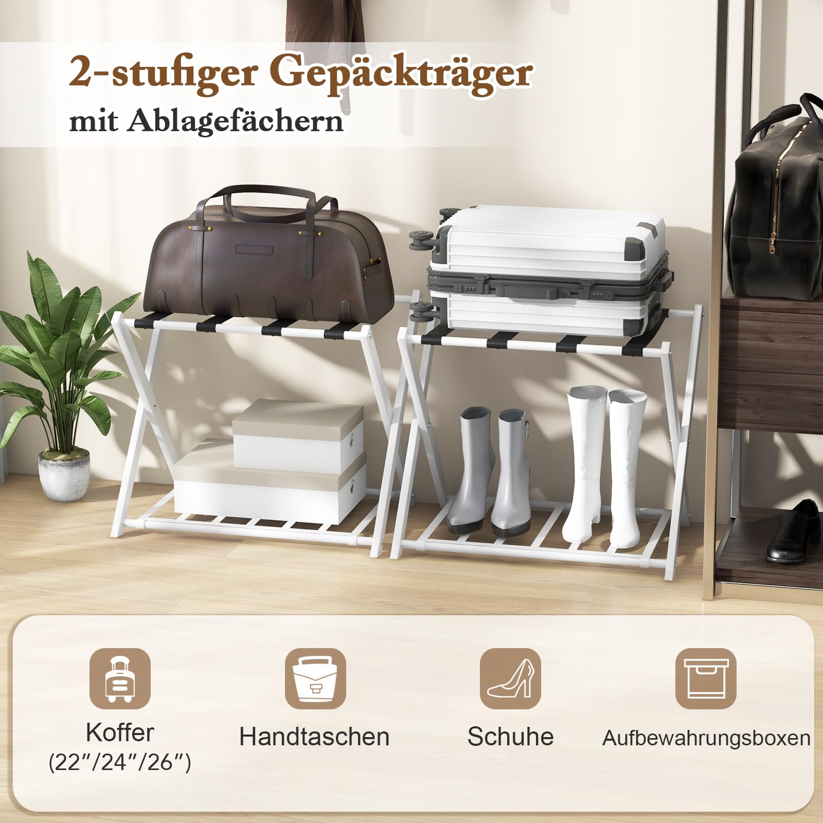COSTWAY Kofferständer klappbar, 2 er Set Gepäckablage mit 2-Stöckiger Design, Kofferbock Gepäckständer Metall, Kofferablage für Schlafzimmer, Gästezimmer, Hotel (Weiß)