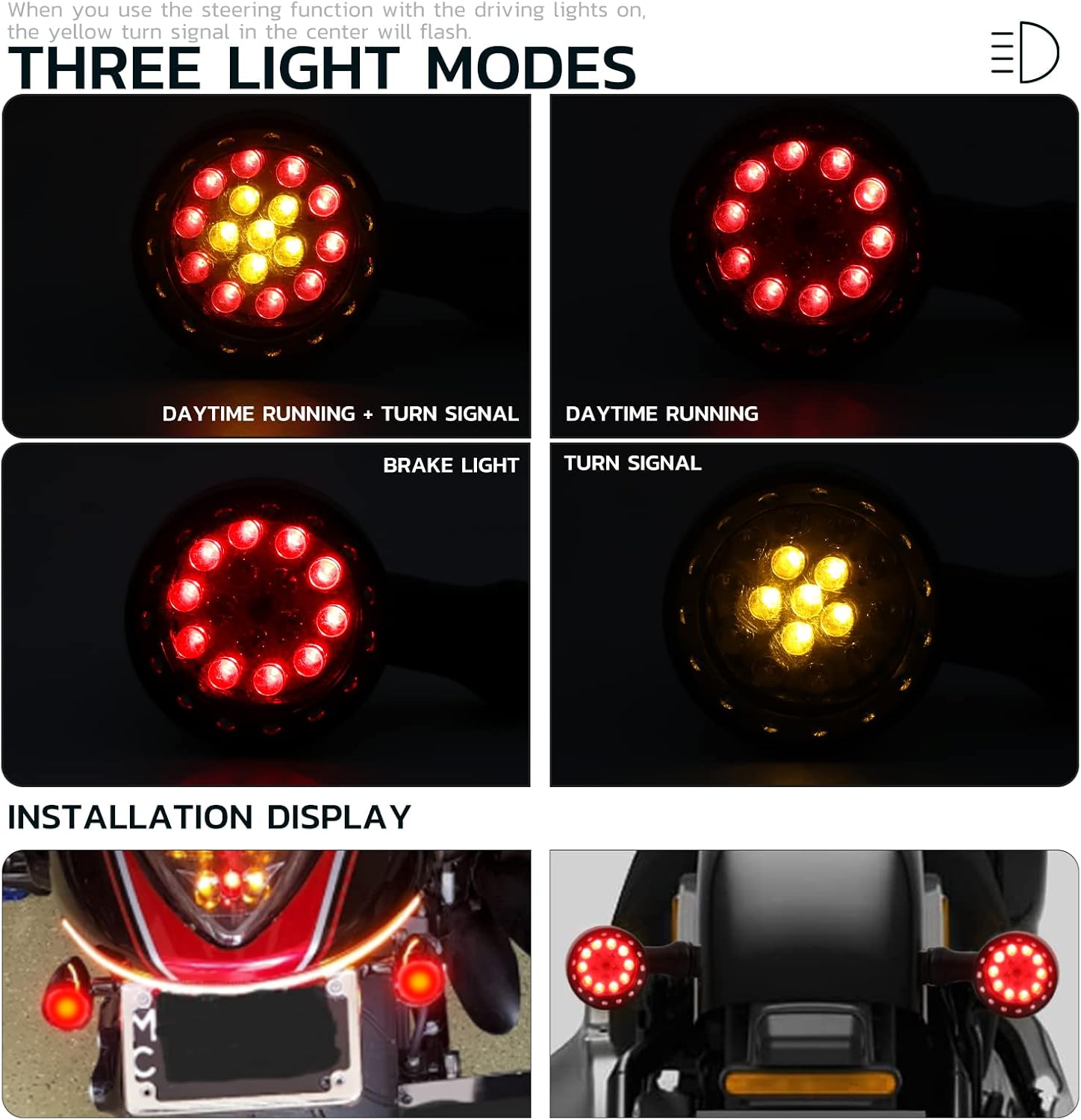 DREAMIZER Motorcycle Turn Signals LED Bullet Rear Brake Stop Indicator Lights Universal Fit for Steet Bike Criuser Chopper Bobber - 2Pcs Black,Rear