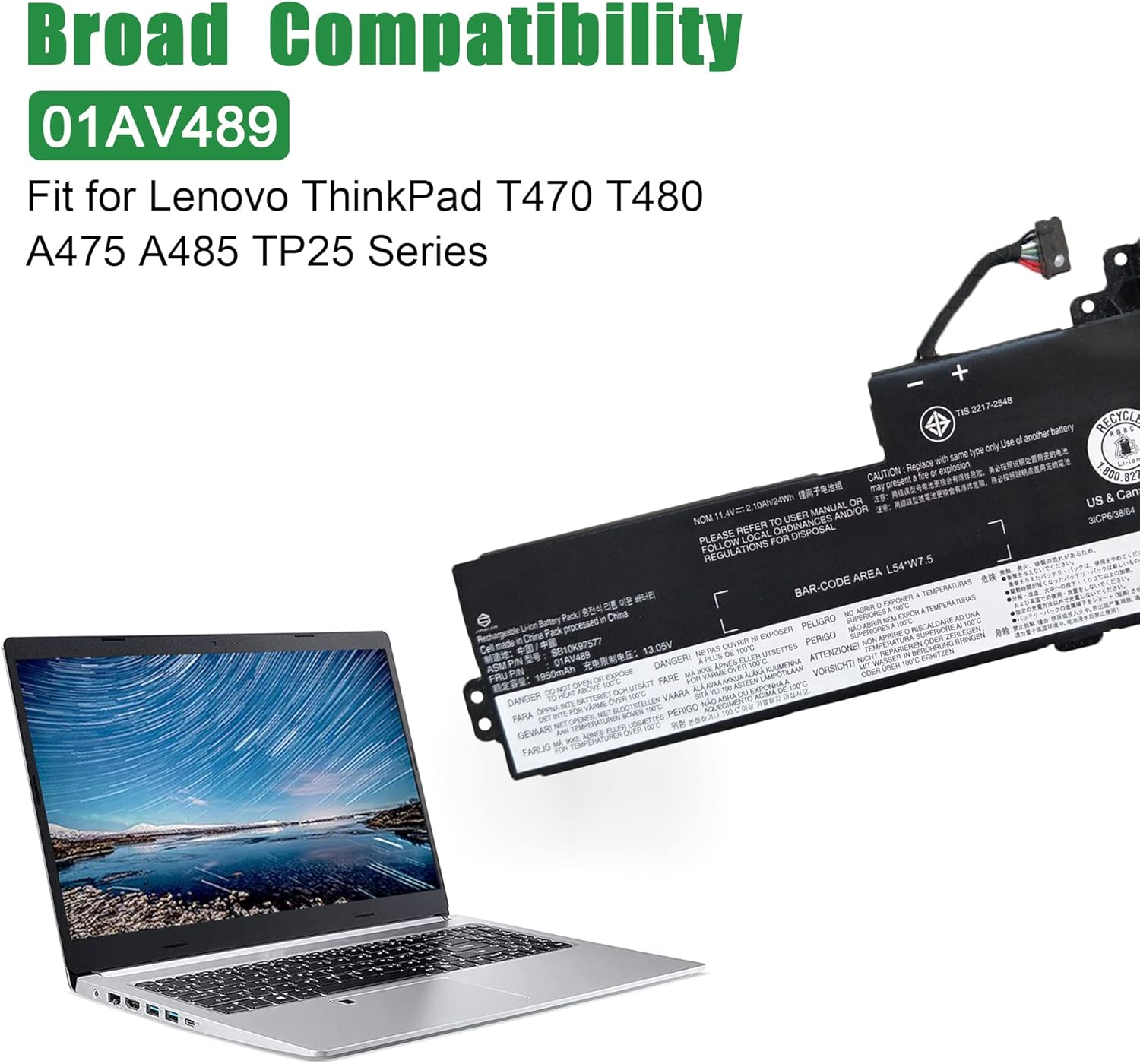 01AV489 Laptop Battery Replacement for Lenovo ThinkPad T470 T480 A475 A485 TP25 Series Notebook SB10K97577 01AV419 SB10K97576 01AV421 SB10K97578 01AV420 Black 11.4V 24Wh 2100mAh