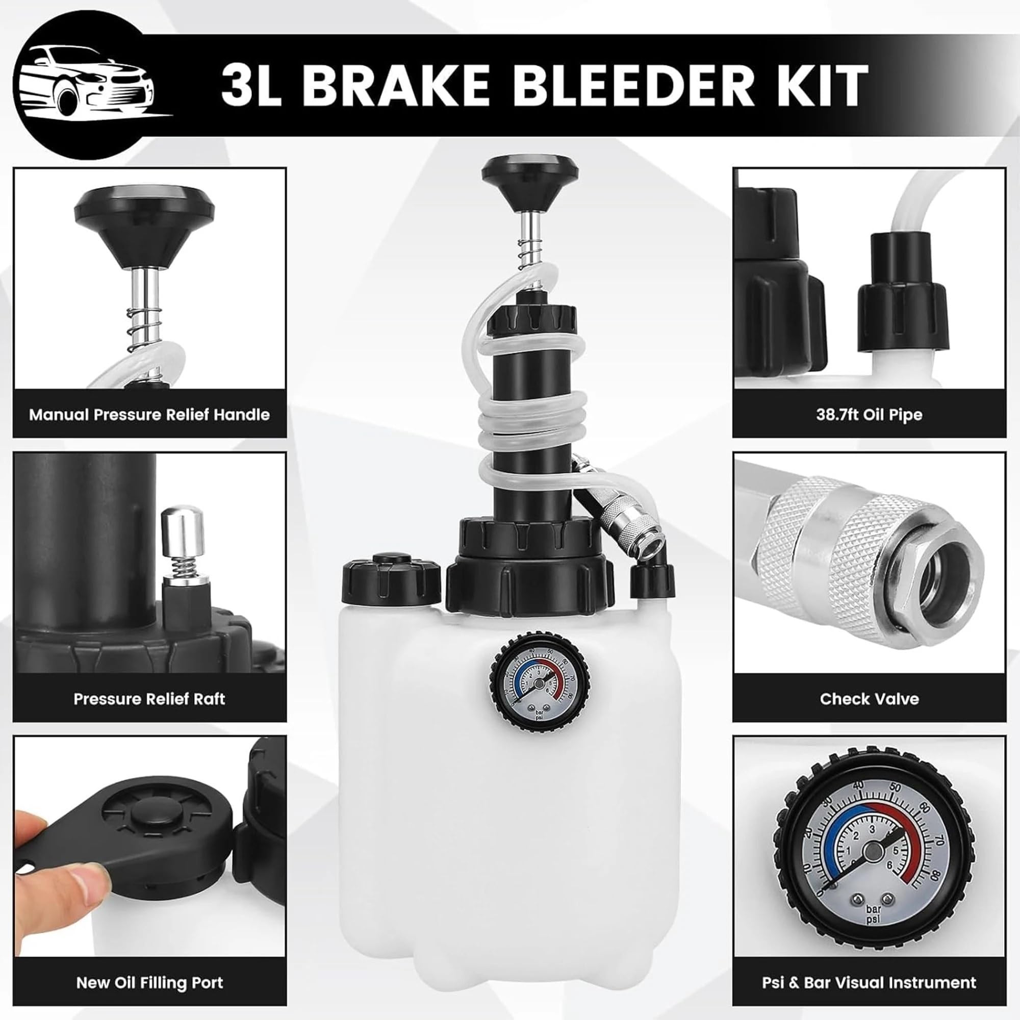 Pinzas de pistones de freno Kit de purga de líquido de frenos Manual para coche, bomba de presión de vacío de 3L, máquina de descarga profesional neumática(Style B 1set)