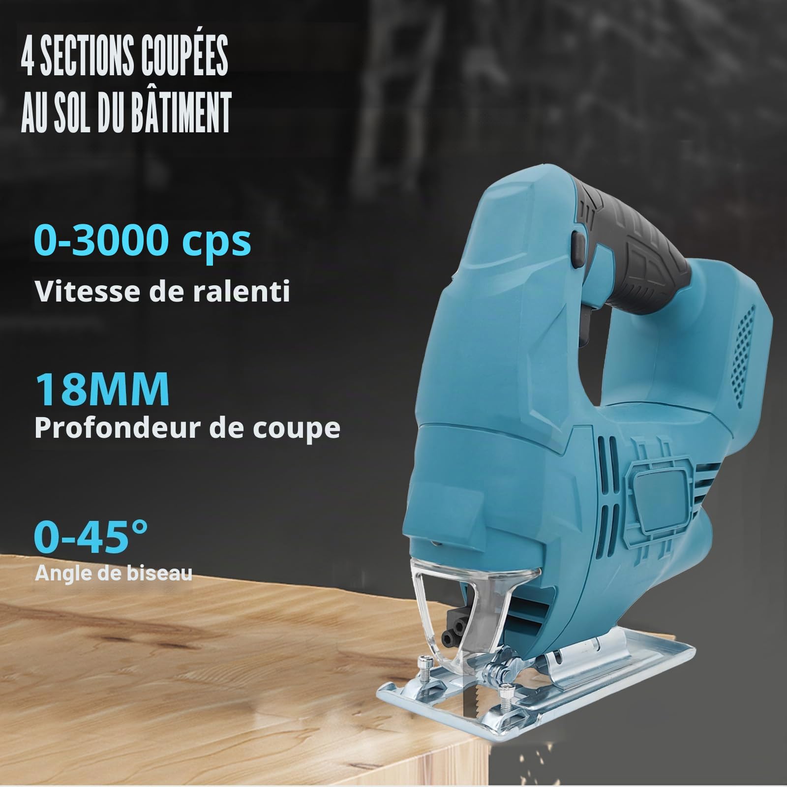 Scie sauteuse sans fil 18 V avec 2 batteries de 3000 mAh et chargeur – Moteur puissant, vitesse variable, lumière LED, fonction onglet (0-45°) et aspiration de la poussière