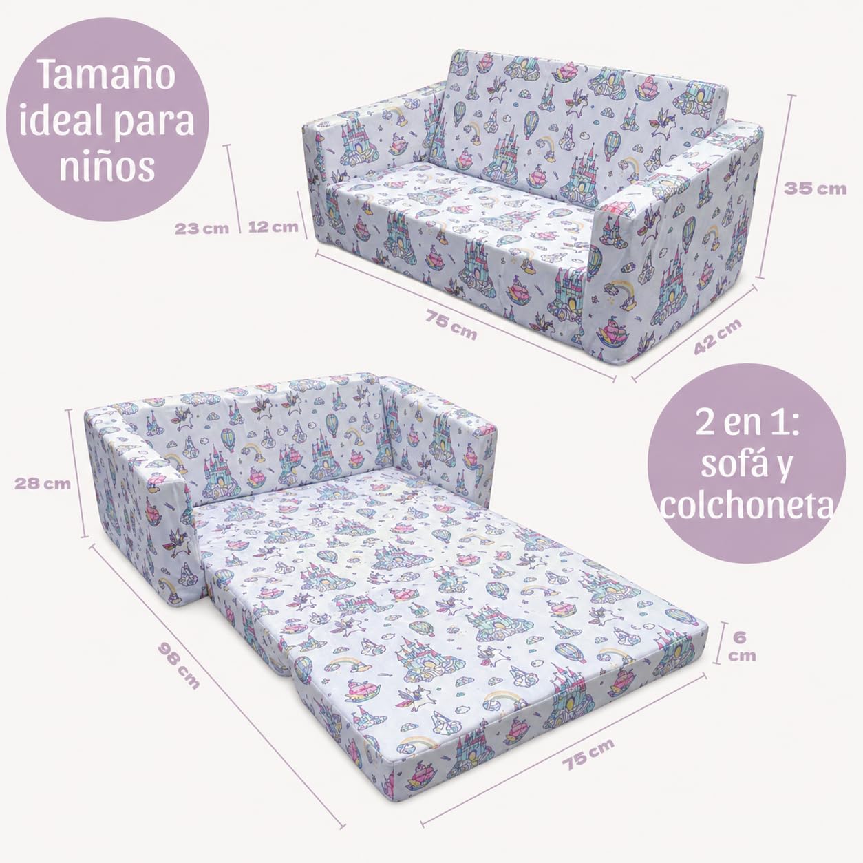 Sofá infantil plegable 2 en 1 de espuma alta densidad (25 kg/m³) - Sillón infantil ligero 2 kg, desenfundable, seguro, OEKO-TEX, Montessori desde 9 meses, no comprimido al vacío. (UNICORNIOS)