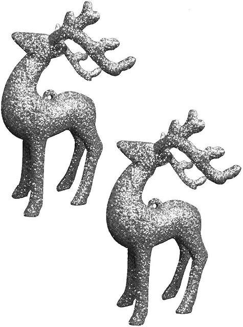 Toyland® Pack Of 2 12cm Silver Glitter Reindeer Christmas Baubles - Tree Decorations - Traditional Decorations.