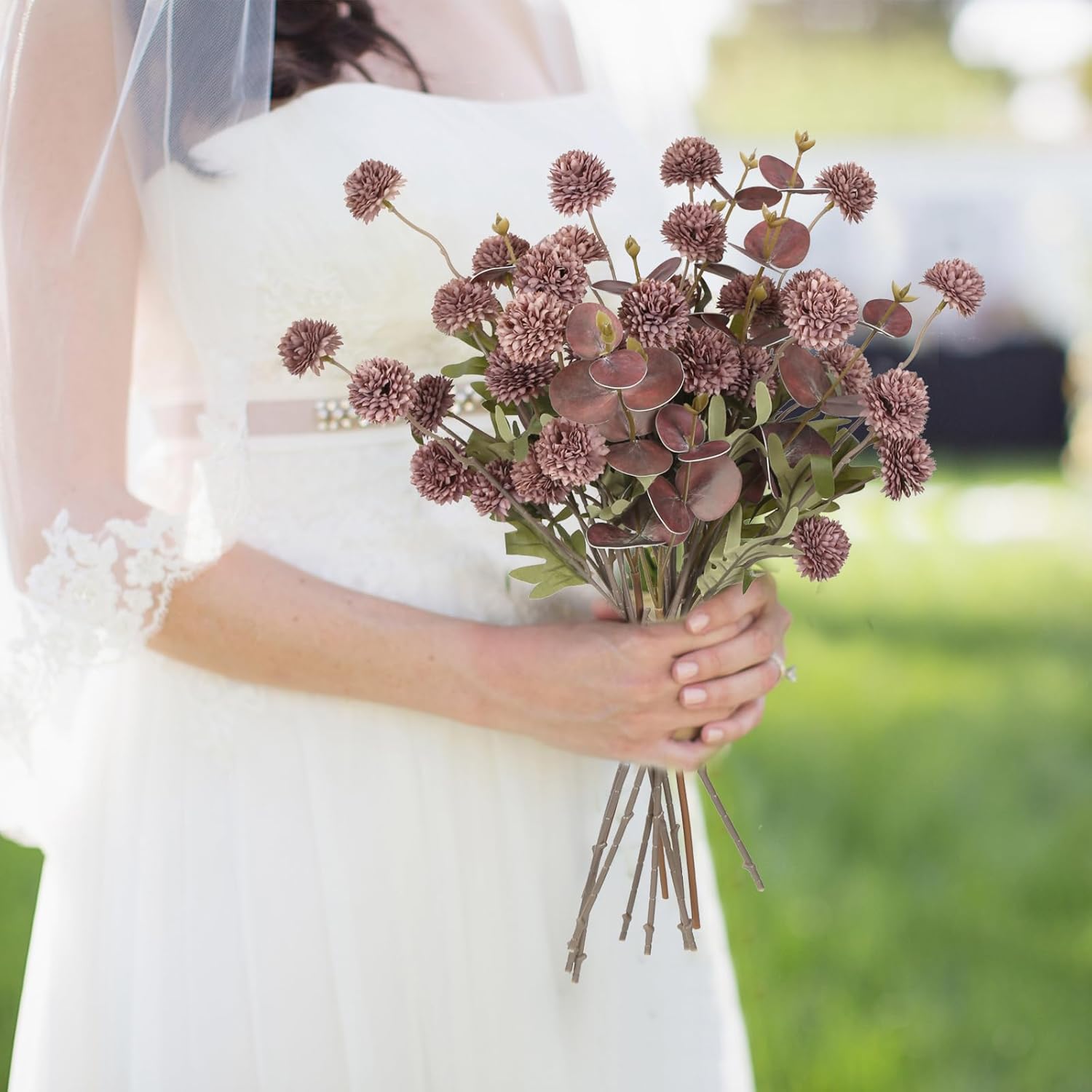 Faux Silk Pompom Mum Artificial Flowers,8 Stems Purple Fake Kiku Flower with 3 Branches Real Touch Eucalyptus Stems for Wedding Bouquet Home Party Floral Arrangements(Purple)