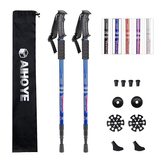 Rexmon Trekking Poles, Collapsible Lightweight Shock-Absorbent Hiking Walking Sticks Adjustable Aluminum Hiking Poles for Women Men Kids, 2 Pack(Blue)