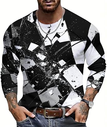 KIDVOVOU Mens Cool 3D Printed T-Shirt Long Sleeve Crew Neck Soft Casual Graphic Tee