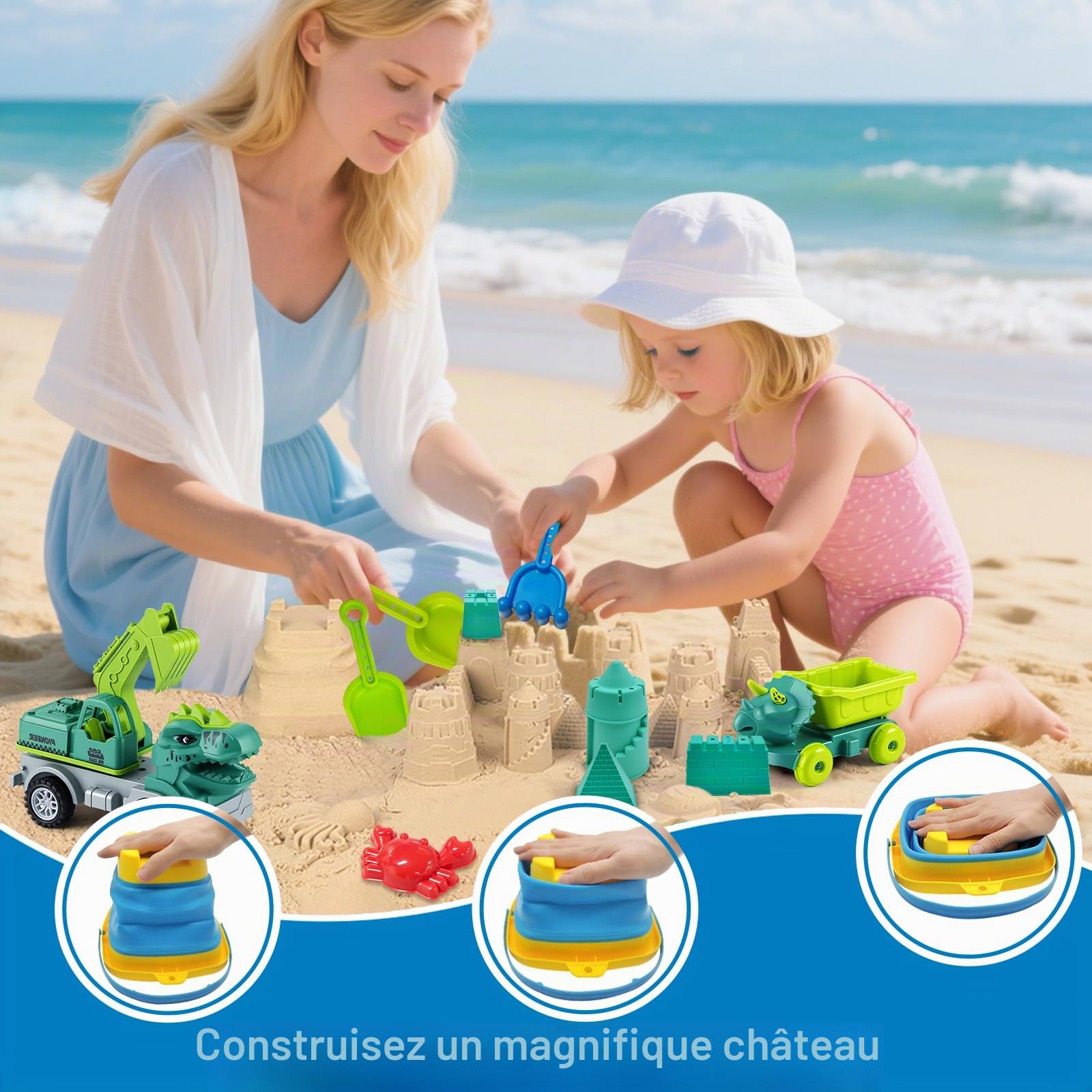Lot de 36 Jouets de Plage pour Enfants - avec Motif Dinosaure (âge 1 à 3 Ans) - Ensemble de Jouets de Plage de Voyage (âge 4-8) - Sac en Filet - Pelle - Château - Formes d'animaux Kit de