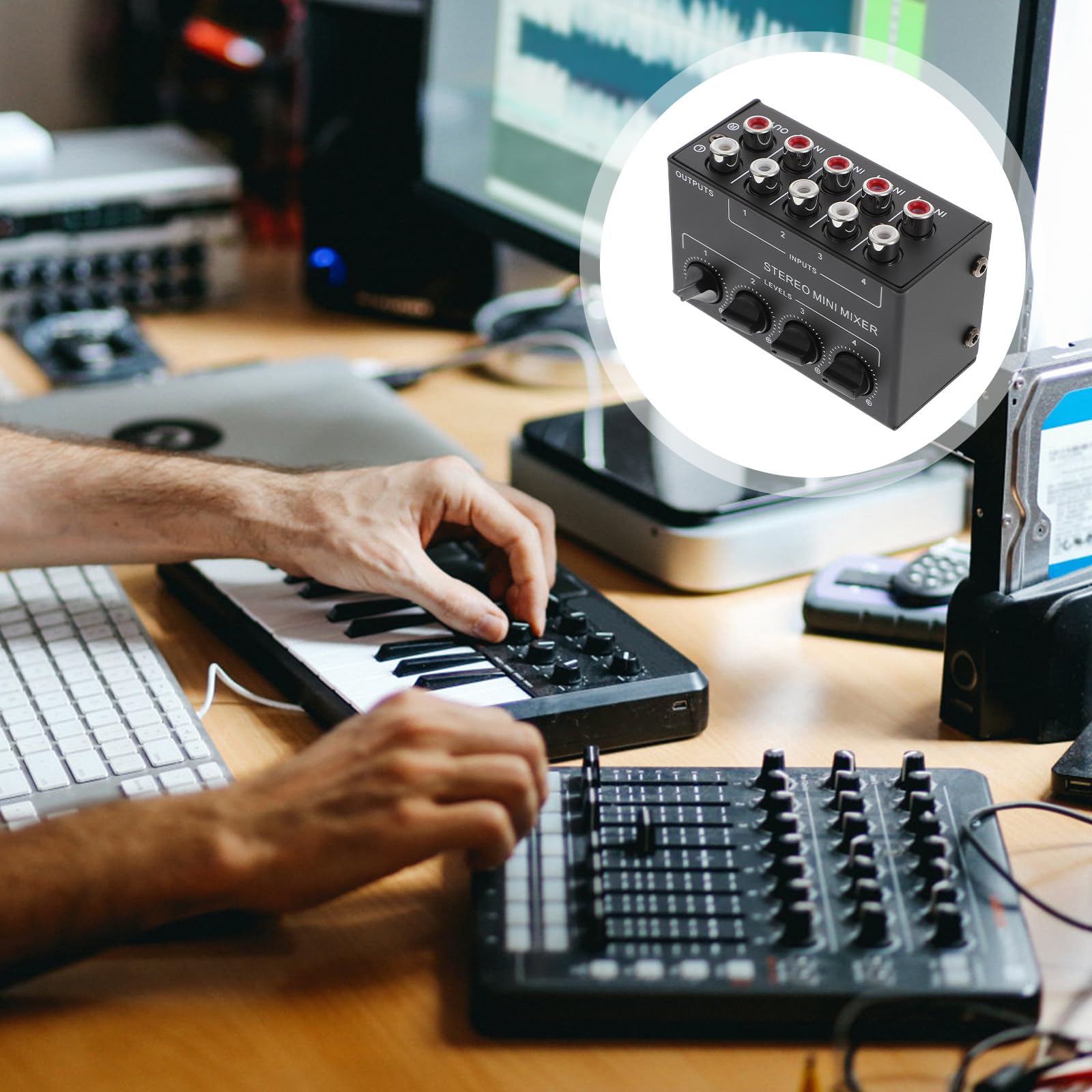 Beavorty Mezclador de Audio Pasivo Portátil de 4 Canales Cx400, Mini Mezclador Estéreo Controles Independientes, Carcasa Abs y Hierro, Adecuado para Dj, Conciertos y Equipos de Música