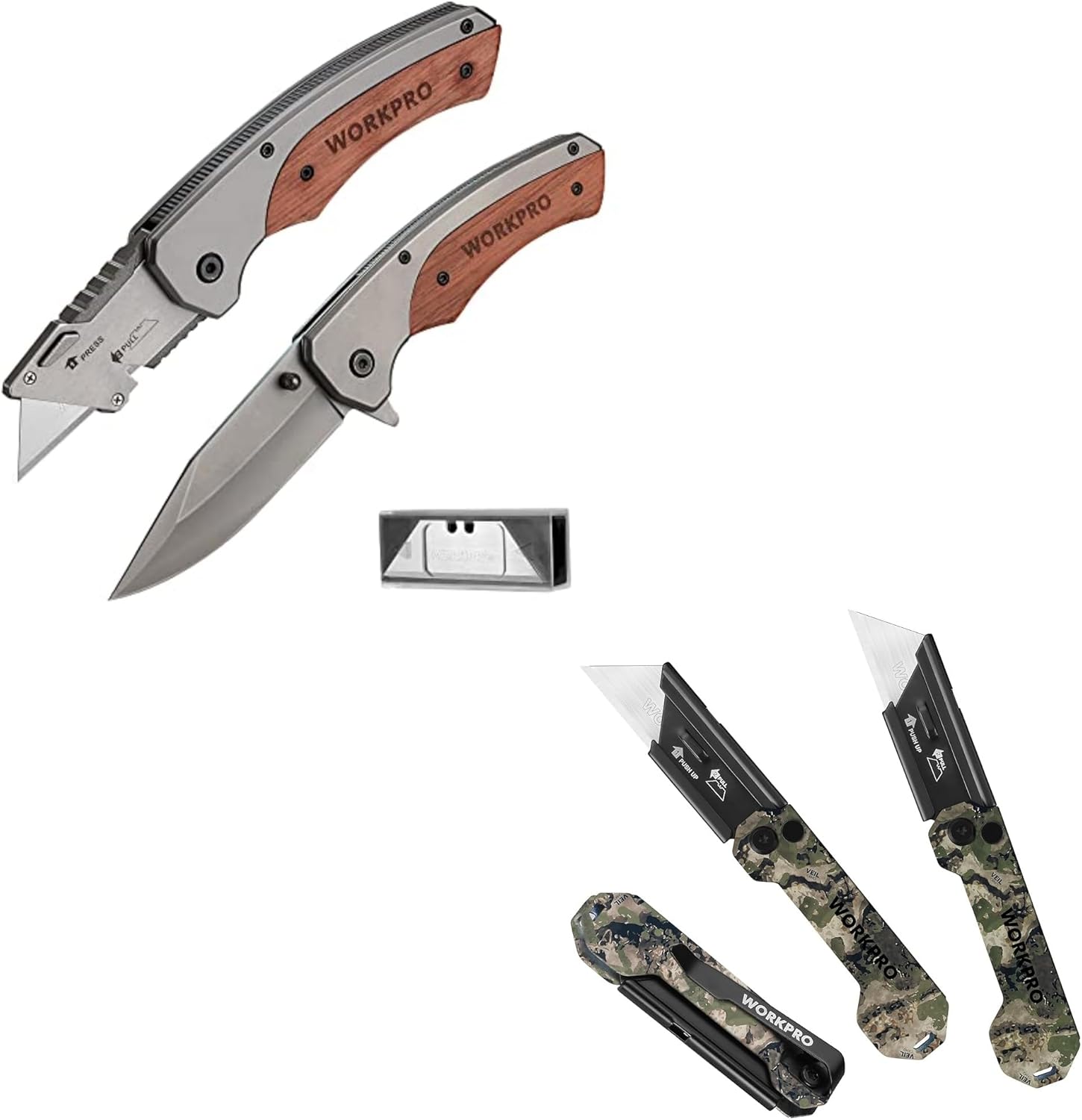 WORKPRO Folding Utility Knife & EDC Pocket Knife & WORKPRO 3-Pack Camo Folding Utility Knife Set