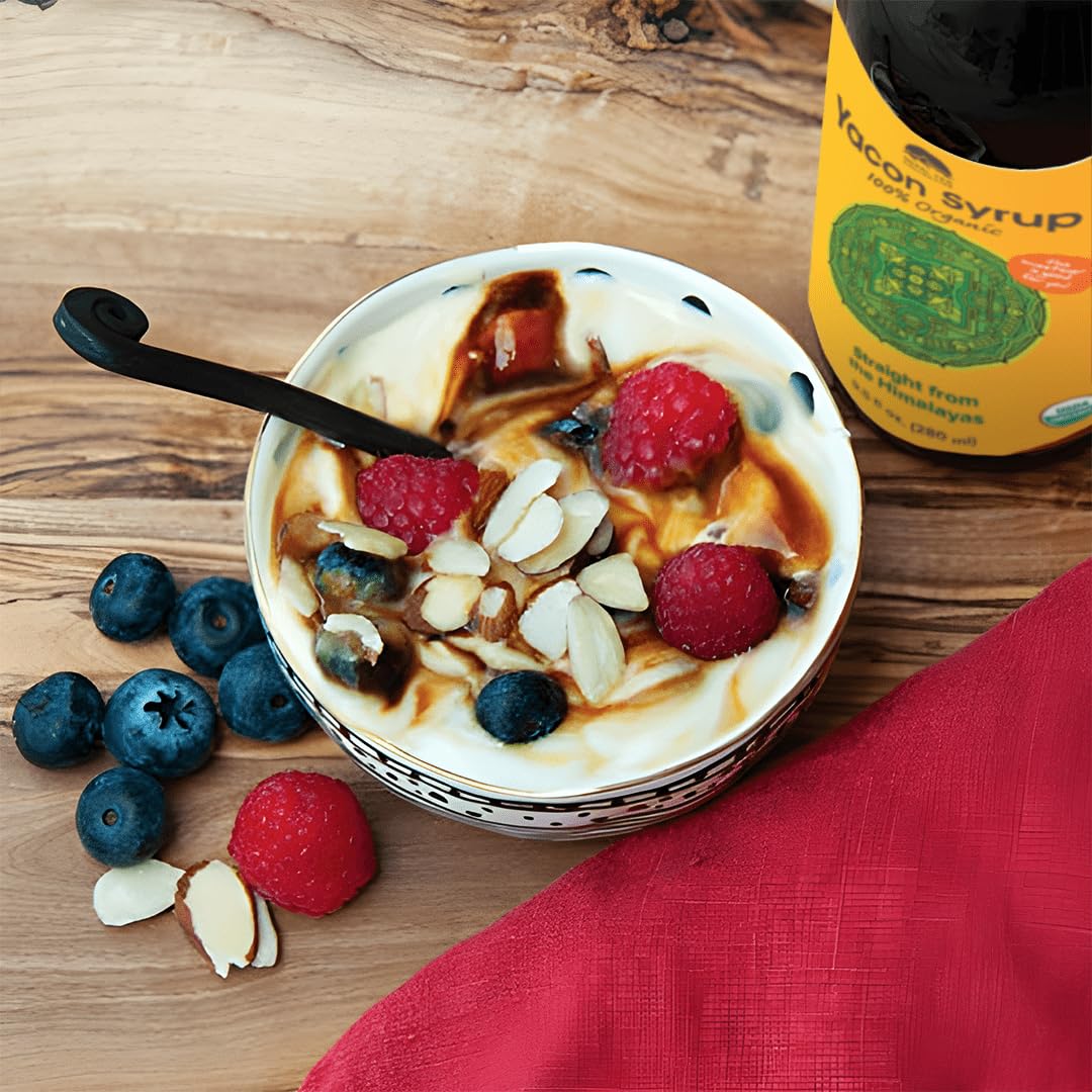 Global Family Farms Yacon Syrup 100% Organic, 9.5 Fl Oz Glass Bottle, Low Calorie, Satisfying Sweetness, Rich in Minerals, Low Glycemic, High in FOS/Prebiotic for Digestive Health