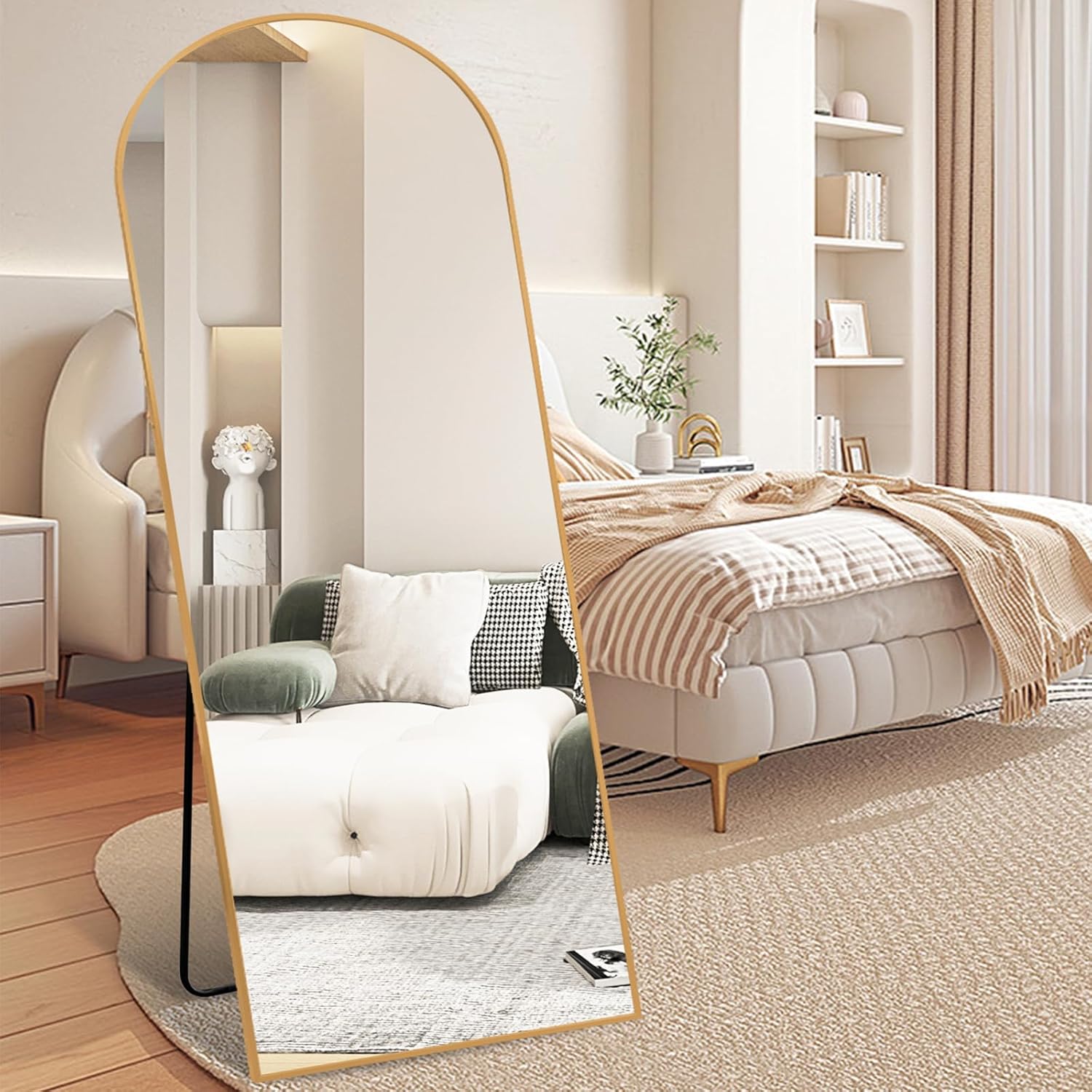 65"x22" Full Length Mirror, Arched Floor Mirror with Stand, Aluminum Alloy Frame Large Wall Mirror Full Body Mirror, for Bedroom Entry, Bedroom, Living Room, Gold
