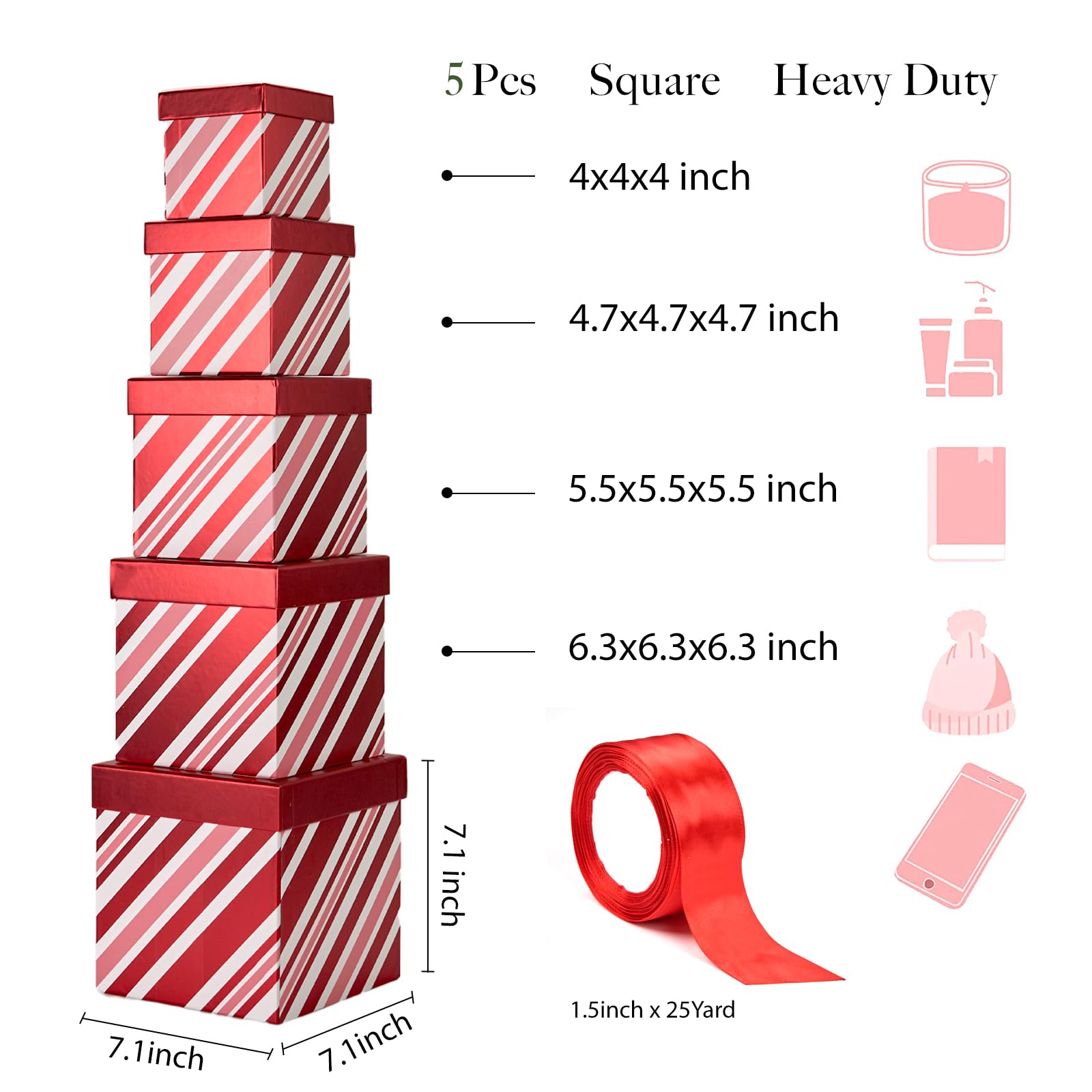 PAPER FAIR 5 cajas de regalo de Navidad con tapa, juego de cajas anidadas de Navidad, 5 tamaños, cuadradas, apilables, caja de papel de bastón de caramelo a rayas rojas y blancas, decoración de torre