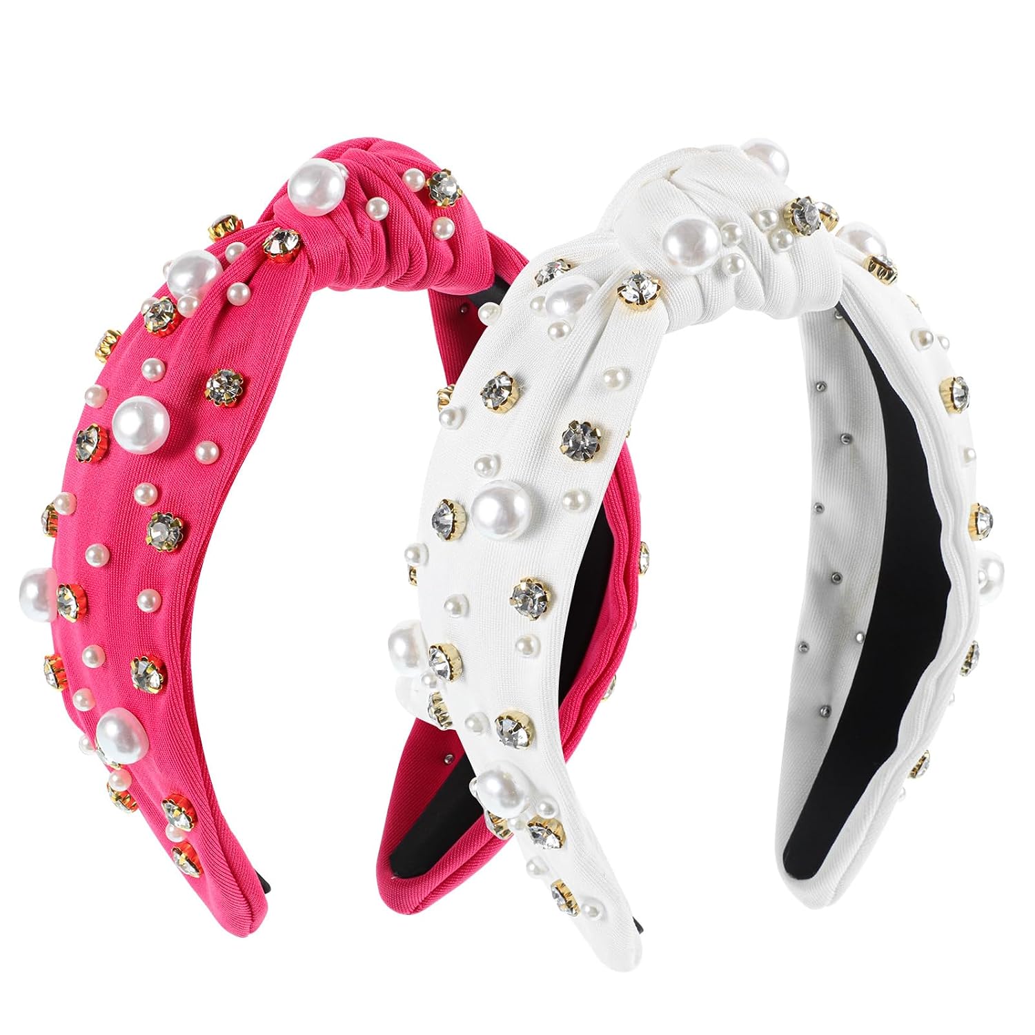 obeoby Knotted Headband for Women, Wide Headbands Rhinestone Pearl Hair Band, Teen Girl Pink Gifts