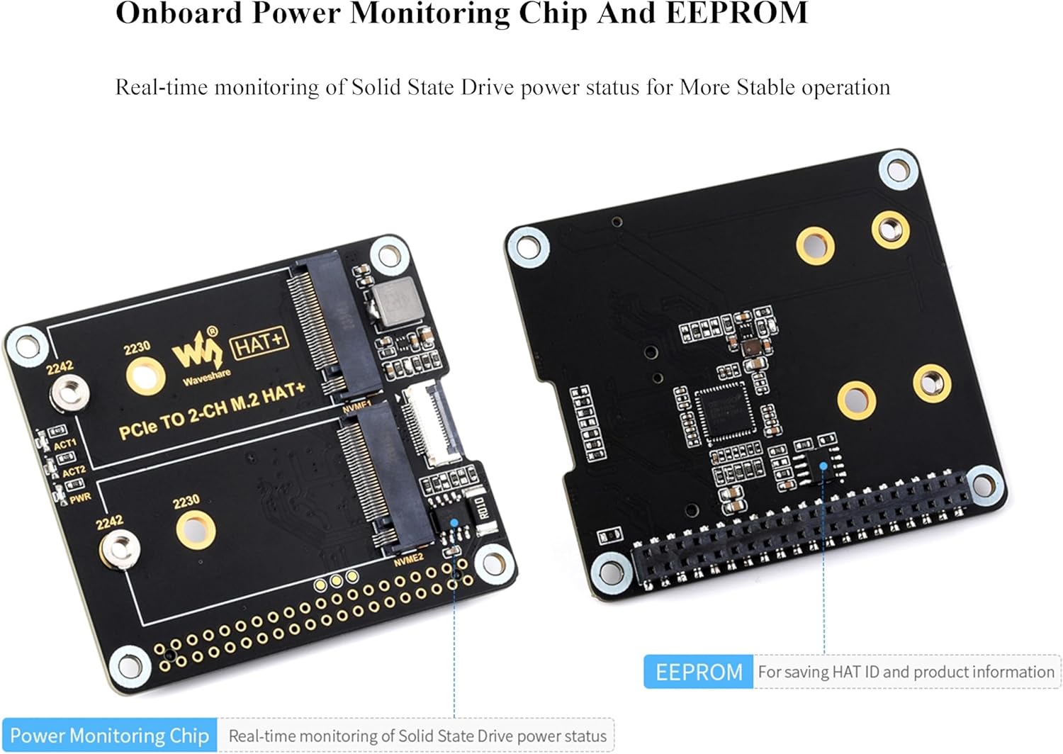 PCIe to 2-CH M.2 Adapter for Raspberry Pi 5 HAT+ Standard, Compatible with M.2 NVMe SSD 2230 2242 Solid State Drive, RPi 5 M.2 HAT High-Speed Reading/Writing
