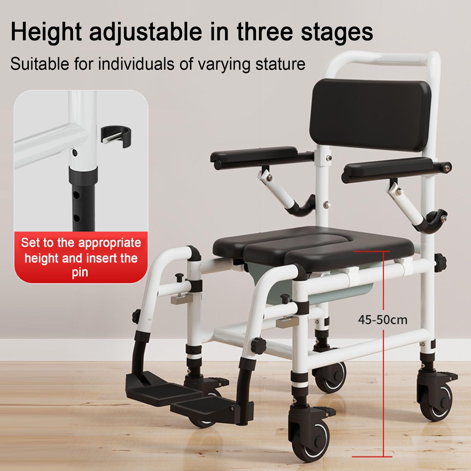 Silla Ducha con Ruedas, Silla De Ducha con Respaldo Y Apoyabrazos, Silla WC Personas Mayores con Cubeta Extraíble, Reposapiés Y Reposabrazos Abatibles, Altura Ajustable, Carga hasta 100kg