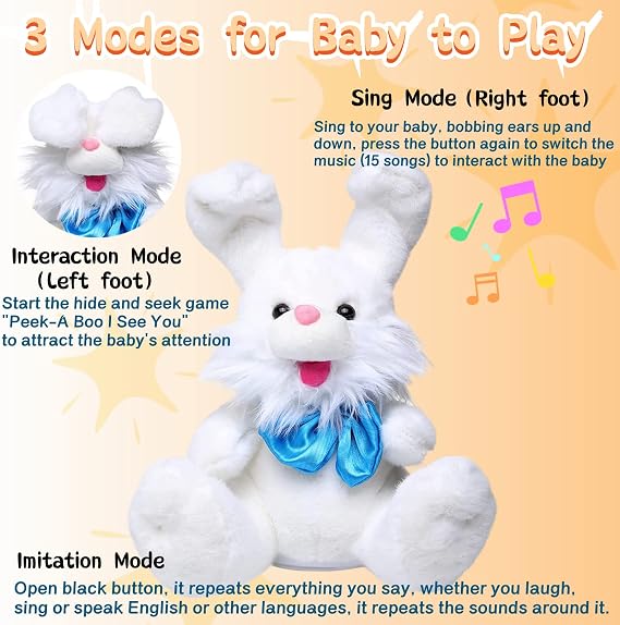 Talking Bunny Repeats What You Say Recording Toys Easter Rabbit Peek-A Boo Toys with Children Song Plush Stuffed Animal Interactive Electronic Pet Toy with Floppy Ears for Girls Boys Baby Kids Gift