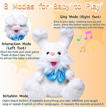 Talking Bunny Repeats What You Say Recording Toys Easter Rabbit Peek-A Boo Toys with Children Song Plush Stuffed Animal Interactive Electronic Pet Toy with Floppy Ears for Girls Boys Baby Kids Gift