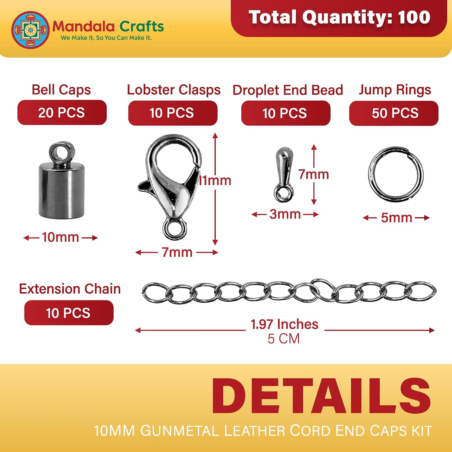 Mandala Crafts Gunmetal Leather Cord End Caps for Jewelry Making, Tassel Caps, 10mm 100 PCs Cylinder Cord Ends, Kumihimo Supplies and Jewelry Findings