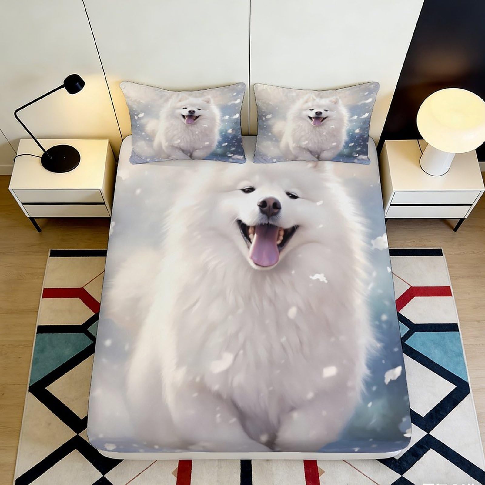 3D Printed White Fluffy Dog Fitted Sheet Microfiber Soft Non-slip Snow Scene Mattress Cover for Bedroom Guest Room Decor 140x200x25cm
