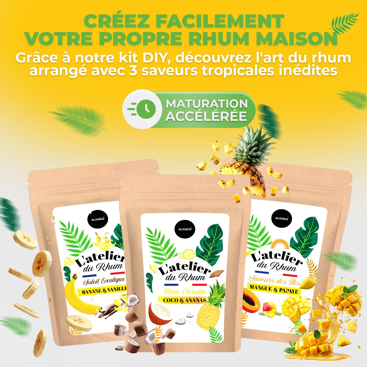 Kit Rhum Arrangé | 3 Nouvelles Saveurs Tropicales | Coffret Cadeau Rhum | Fabriquer Votre Rhum Maison DIY | Idées De Cadeaux Hommes & Femmes | Fabriqué en France - Ingrédients de qualité