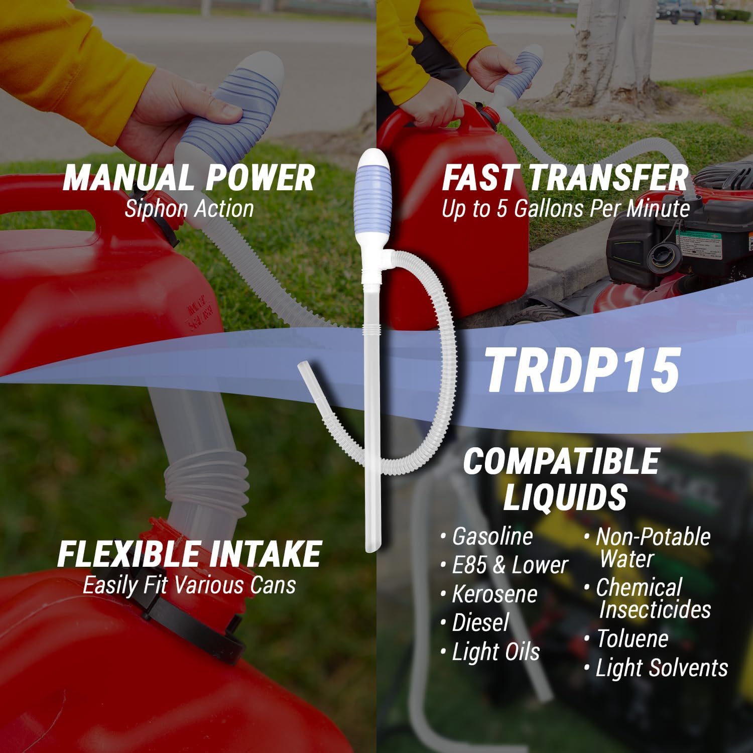 TERA PUMP Fuel Transfer Pump Bundle, TREP03 Electric Powered Pump with Flow Control Nozzle, 2.4 GPM & TRDP15 Fuel Transfer Siphon, Manual Operated, Pumps for Gas, Diesel, Kerosene & More