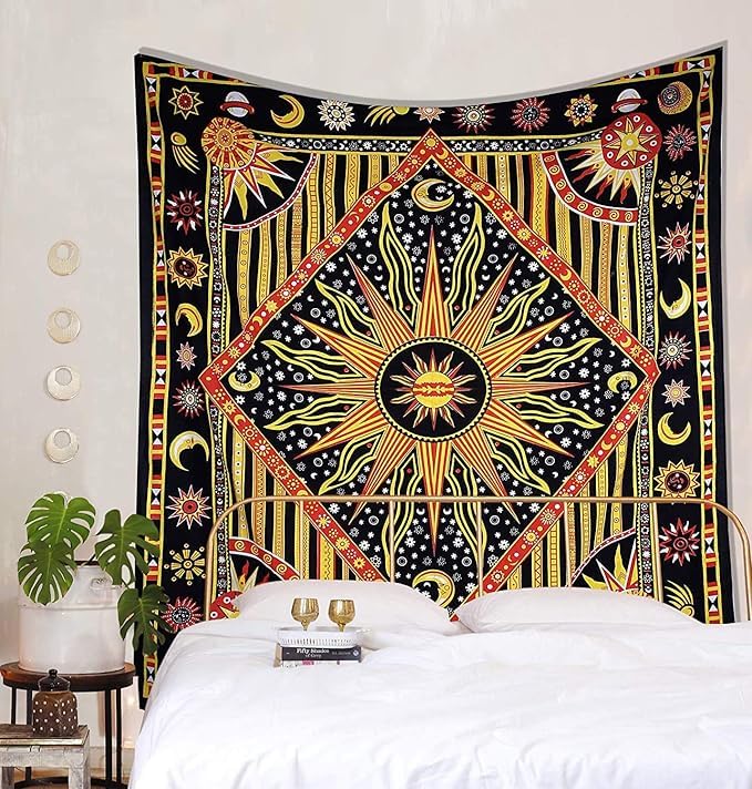 THE ART BOX Yellow Tie-Dye Celestial Wall Tapestry - Sun and Moon Design for Bedroom or Dorm 84"x90", 230L x 215W cm