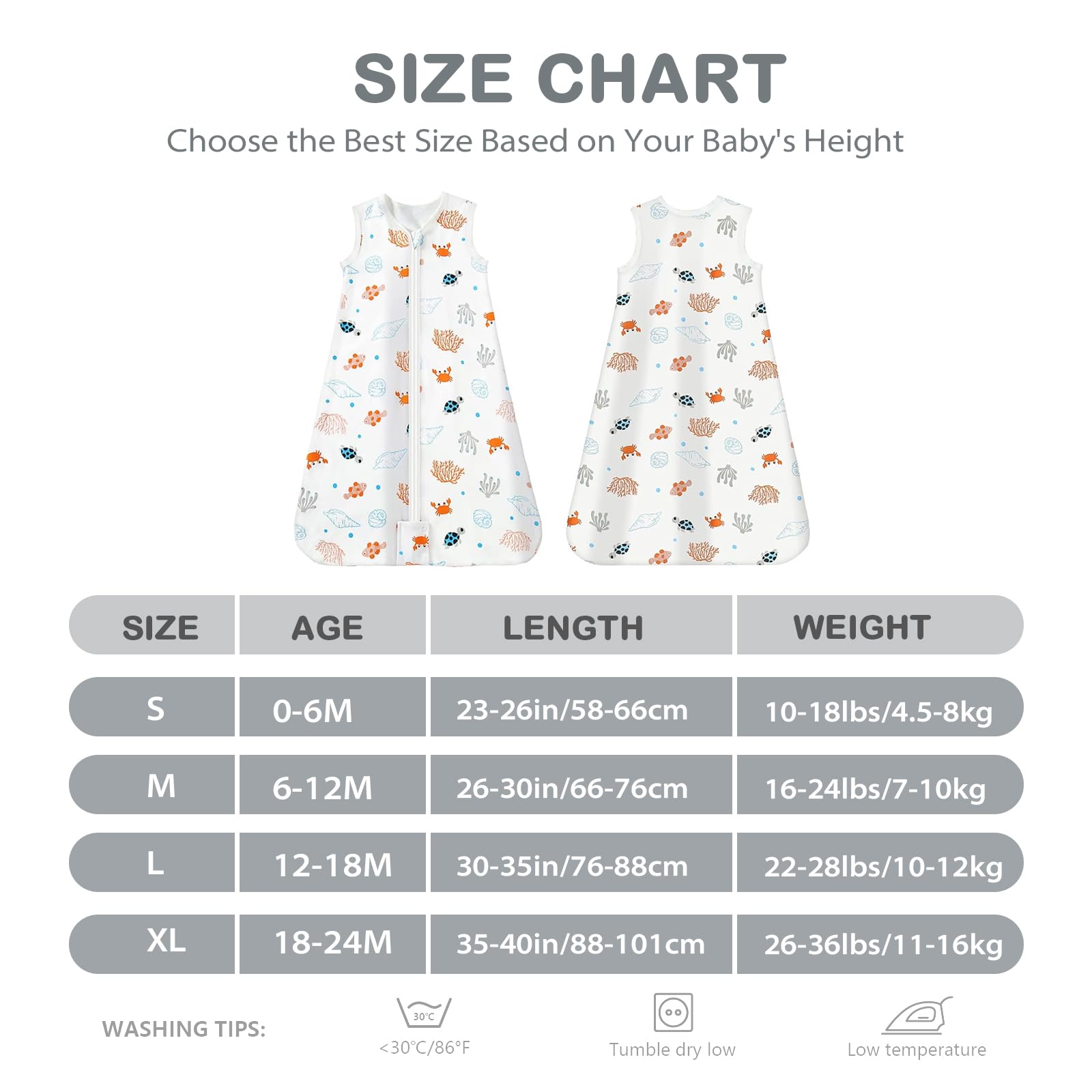 Mosebears Sacco nanna estivo per bambini, 0,5 Tog, 100% cotone, traspirante, sacco nanna (Ocean Animal, L (12-18 mesi)