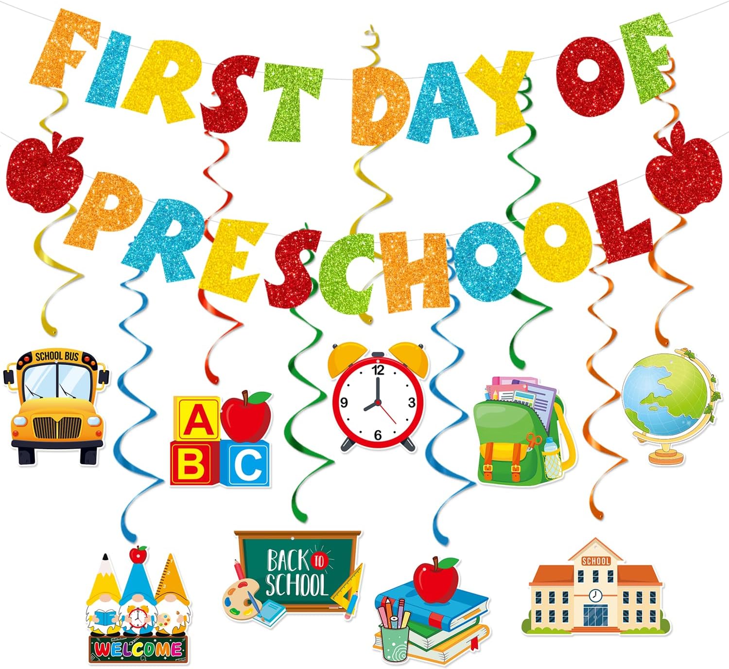 CAVLA Colorful Glittery First Day of Preschool Banner with Apple Signs First Day of School Garland Banner Welcome Back To School Party Decorations Supplies Kids 1st Day of Preschool Classroom Office