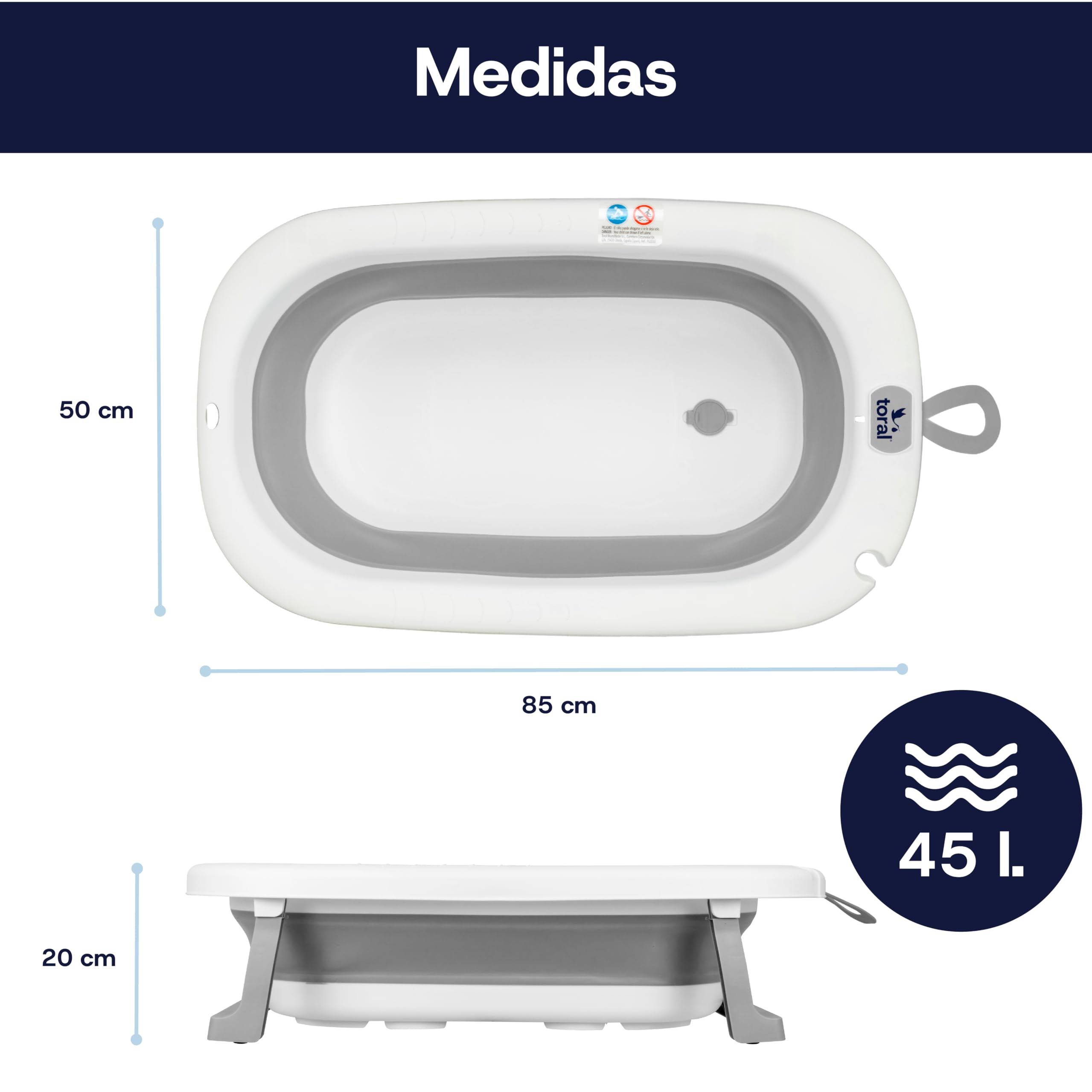 Toral Bañera Plegable Bebé con Patas Gris - Bañera Bebe con Patas Comoda, Facil de Guardar y Usar, Patas Antideslizantes y Colgador - Bañera Bebé Plegable Portatil - Modelo Bathy Gris