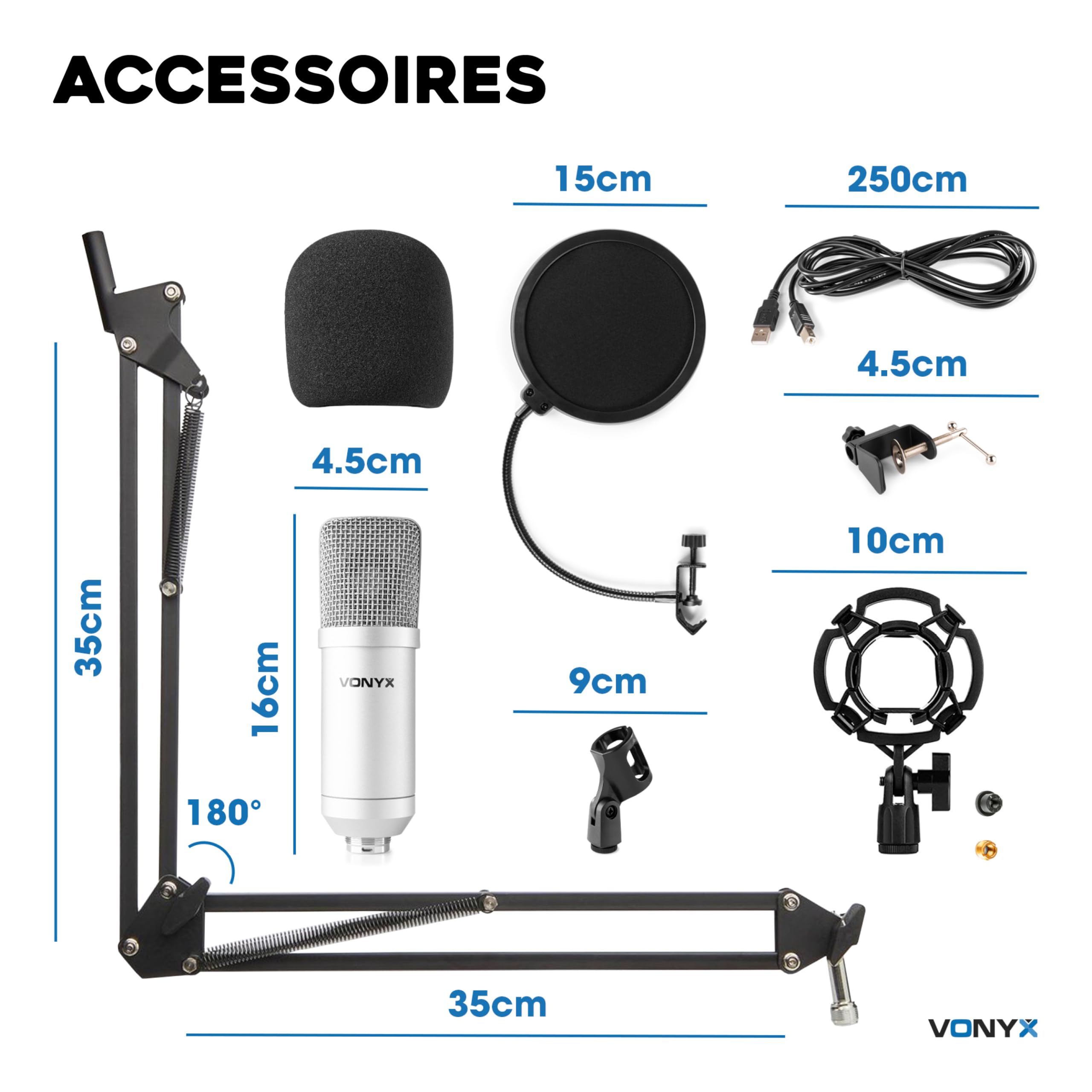 VONYX CMS300S - Microphone Streaming avec Bras Articulé - Titane, Micro Professionnel avec Filtre Anti-Pop, Idéal pour Gaming, Streaming ou pour Réaliser du Contenu Youtube et Twitch