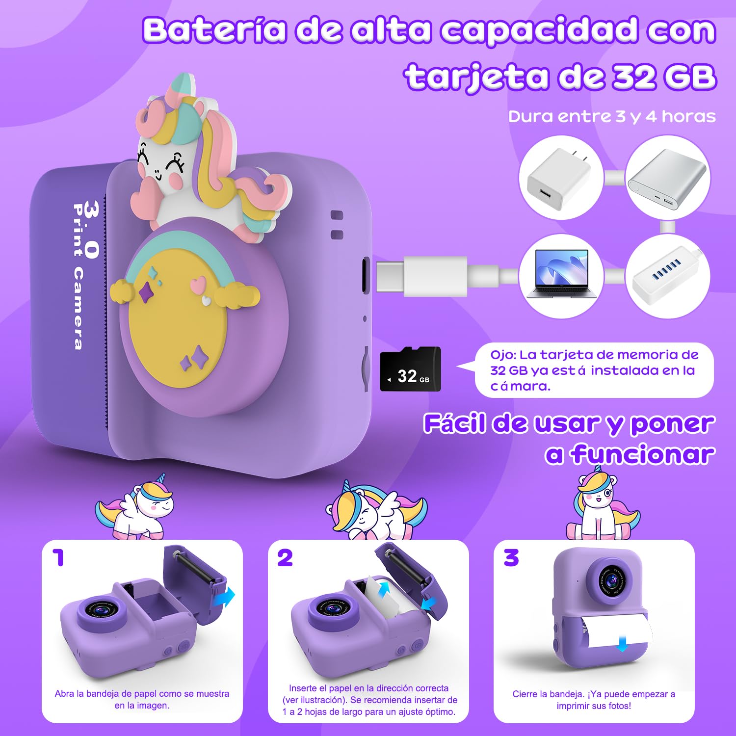 Camara Fotos Infantil Instantanea, 20MP con Pantalla HD De 3.0'', Cámara Fotos Infantil con Tarjeta 32GB y 5 Rolls de Papel, Cámara Instantánea, para niños de 12 años 03