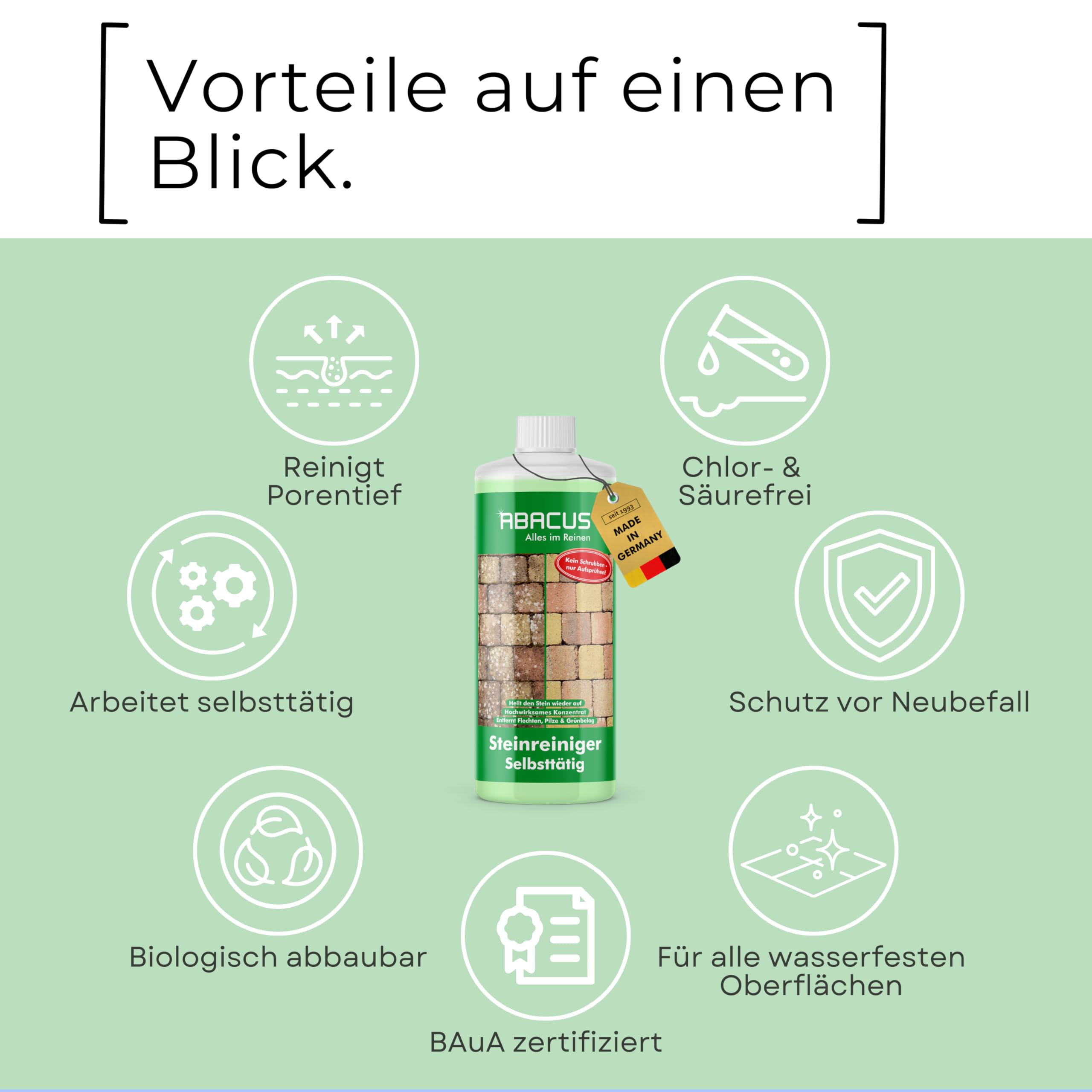 ABACUS® Steinreiniger, selbsttätiger Algenentferner & Flechtenentferner für Stein & Pflaster, 40% Wirkstoff, gegen Flechten & Algen auf Pflastersteinen & Steinplatten – Steinreiniger 1000 ml (2630)