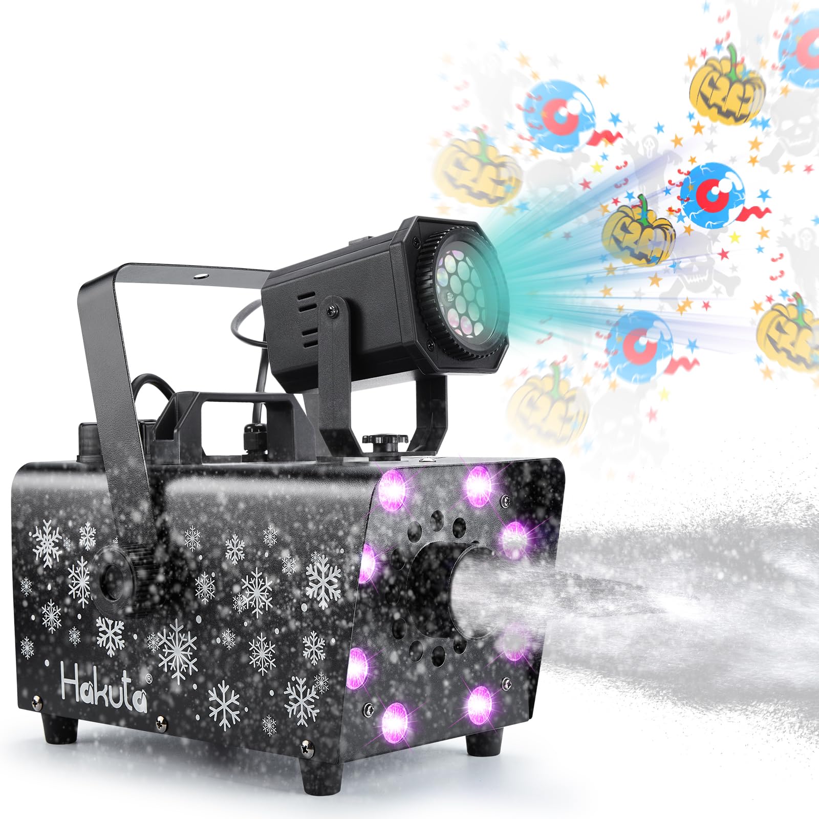 HAKUTA Máquina de Nieve 800W, 8 LED RGB + 13 Colores con Proyector Luces | Proyección LED con 6 Patrones, 4 Modos, 900ml, Luces y Nieve Funcionan por Separado, para Navidad, Halloween y Bodas