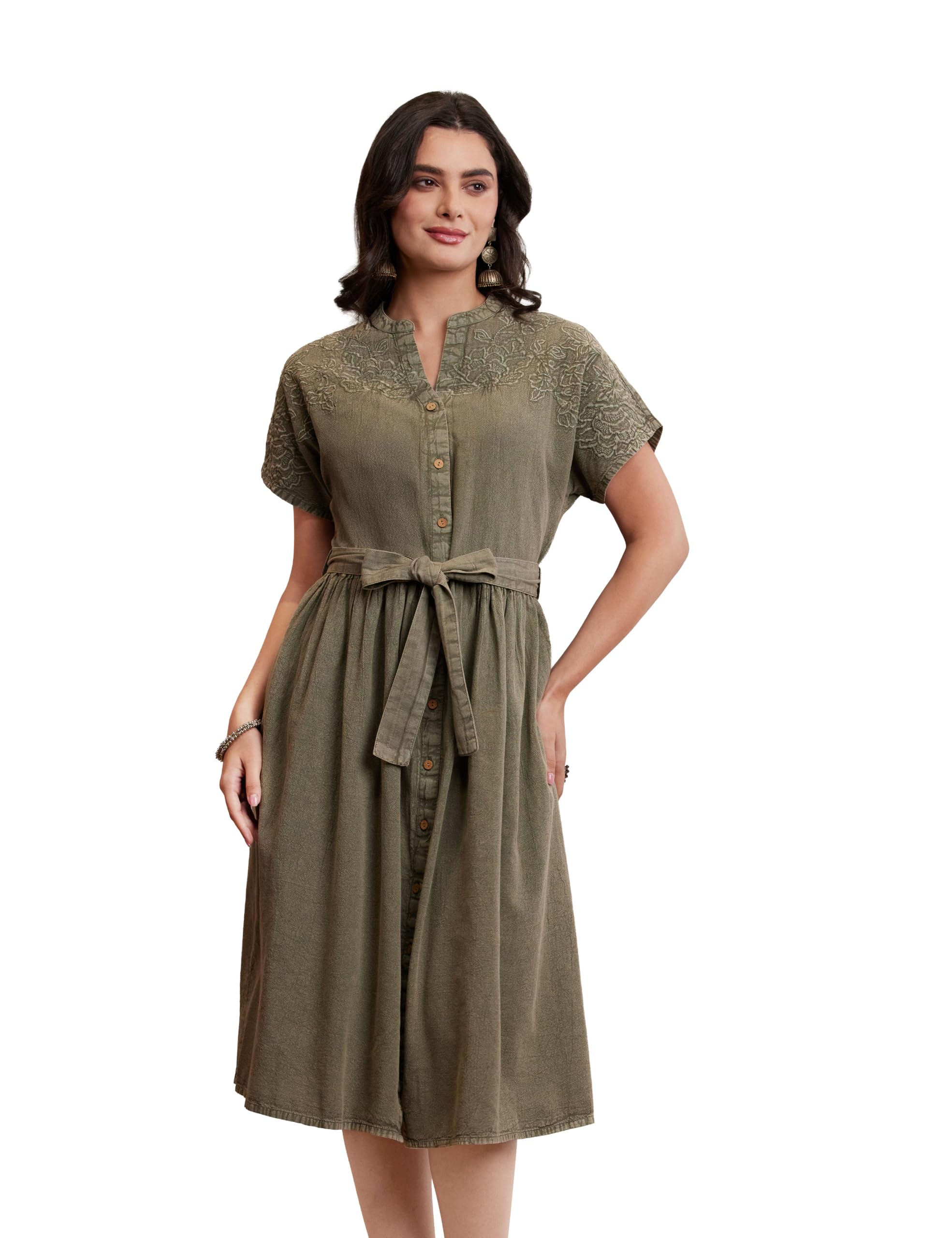 amazon brand - myx Women's Embroidered Shirt Dress | Cotton Blend | Below The Knee (Available in Plus Sizes)-picture-30