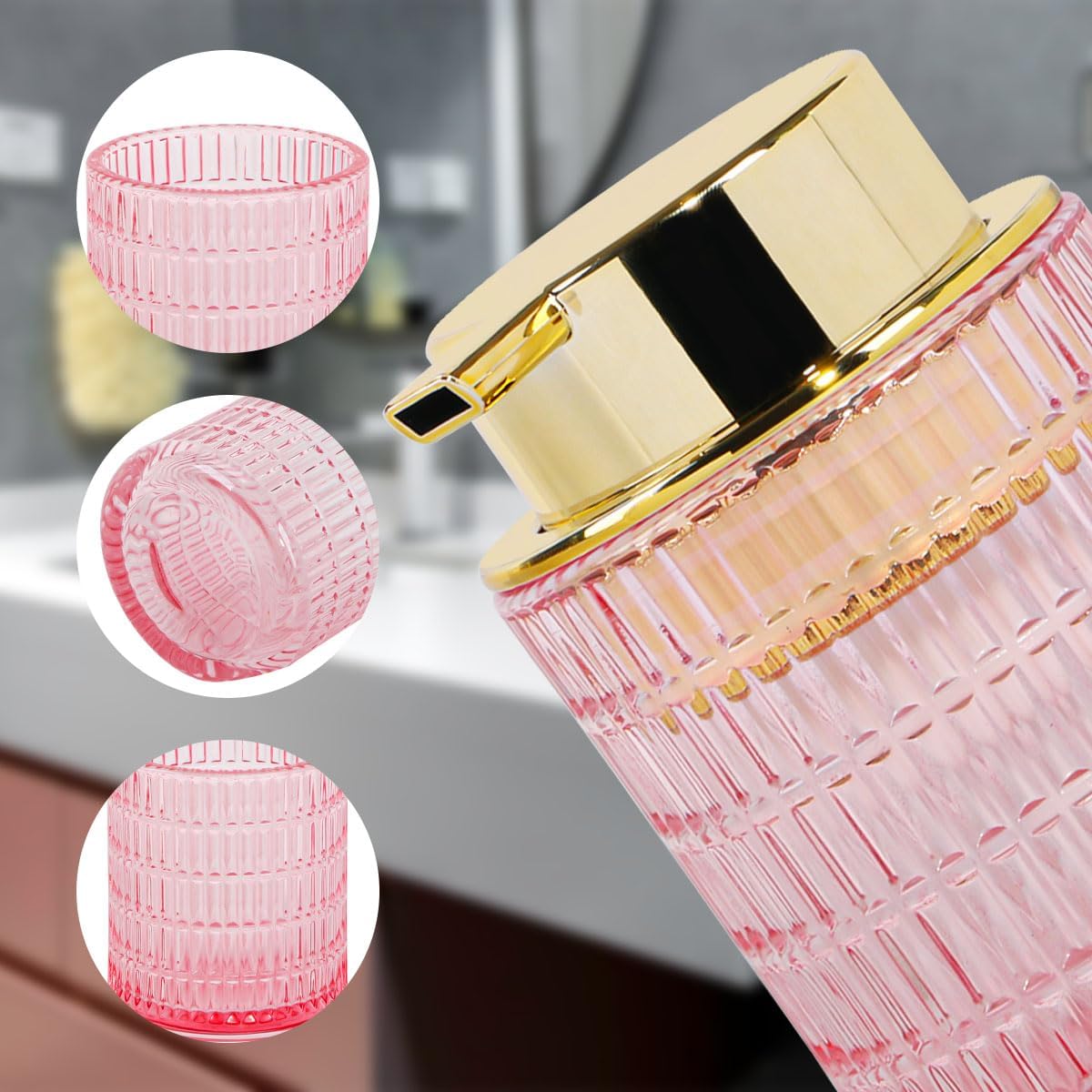 2pcs Foaming Soap Dispenser, Pink Glass Foam Soap Dispenser for Bathroom and Kitchen, 10 Oz Refillable Foaming Pump Bottle with Large Pump, Ribbed Bottle Container Decor