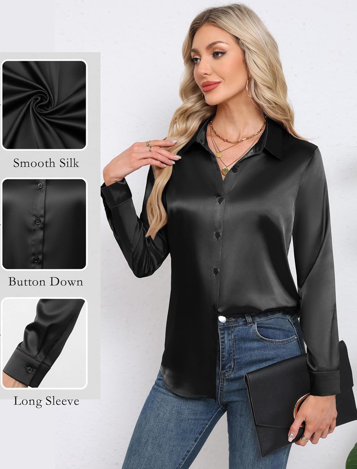 HOTOUCH Button Down Shirts for Women Satin Silk Collared Dressy Casual Blouses Loose Long Sleeve Office Work Tops - Image 4