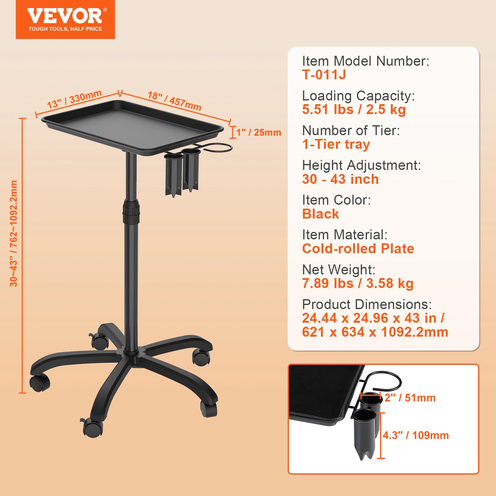 VEVOR Chariot de plateau de salon réglable en hauteur 30"-43", plateau de tatouage roulant en plaque laminée à froid, 5 roues (2 verrouillables), noir