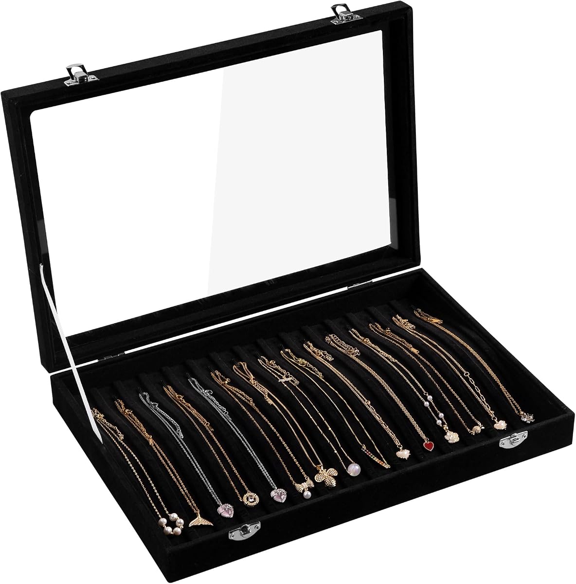 Organizador de collares con 15 ganchos, bandeja de terciopelo para collares con tapa | Organizador de joyas para cadena con colgante de collar, joyero para mujer, para uso doméstico y joyería, expositor de joyas para cajón