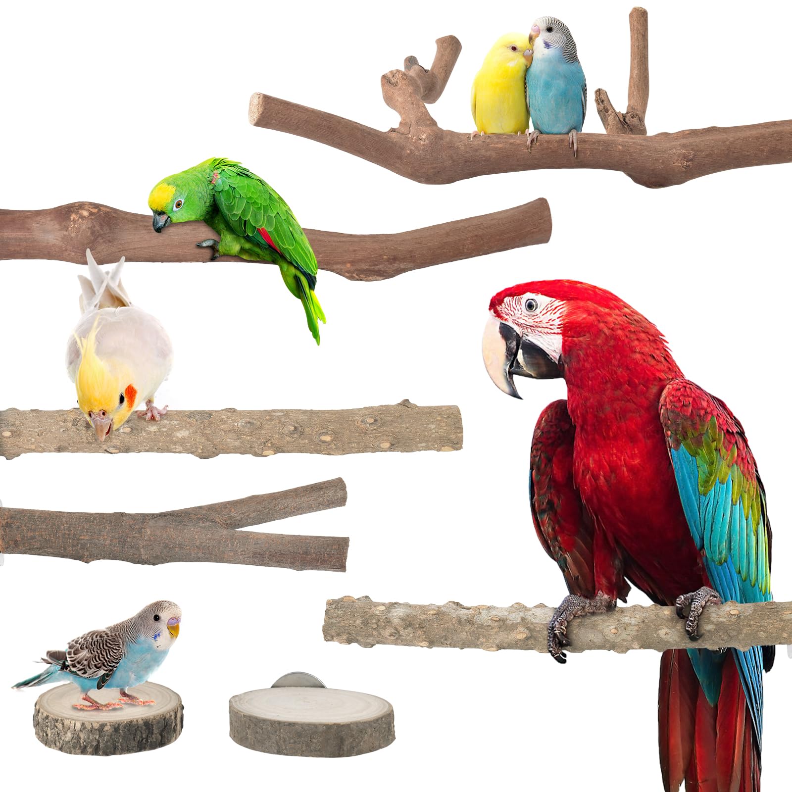 Bissap 7PCS Bird Perch Stand, Natural Grape Wood Pole Parrot Standing Branch Paw Grinding Fork Parakeet Platform for Conures Budgies Finches Cockatiels Small Birds Cage Accessories Exercise Training