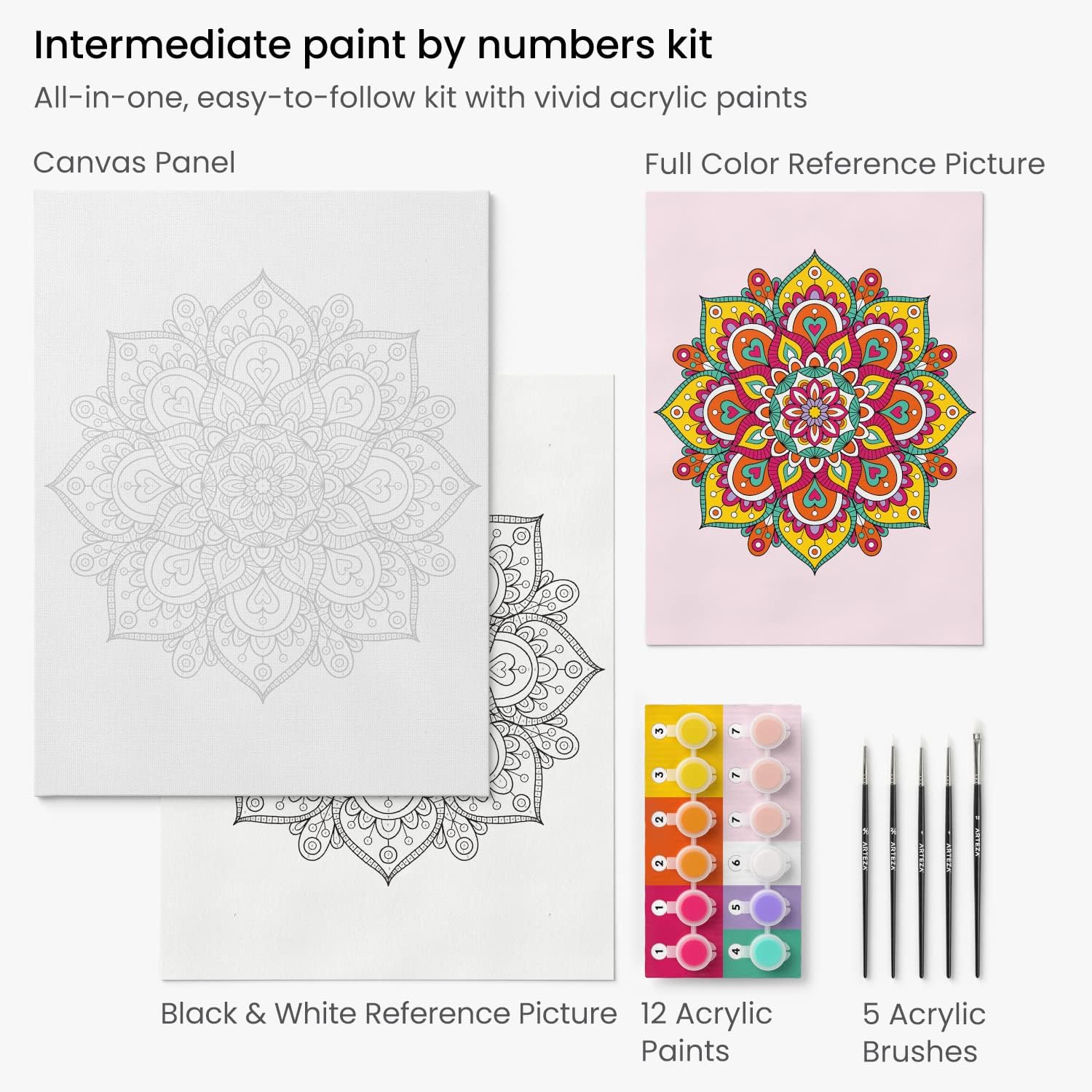 ARTEZA Paint by Number for Adults, 12x16 Inches, 21 Pieces, Mandala Paint by Numbers Kit, Comes with 1 Canvas Panel, 12 Acrylic Paint Pots, 5 Paintbrushes, Art Supplies for Home & Office Wall Decor image 3