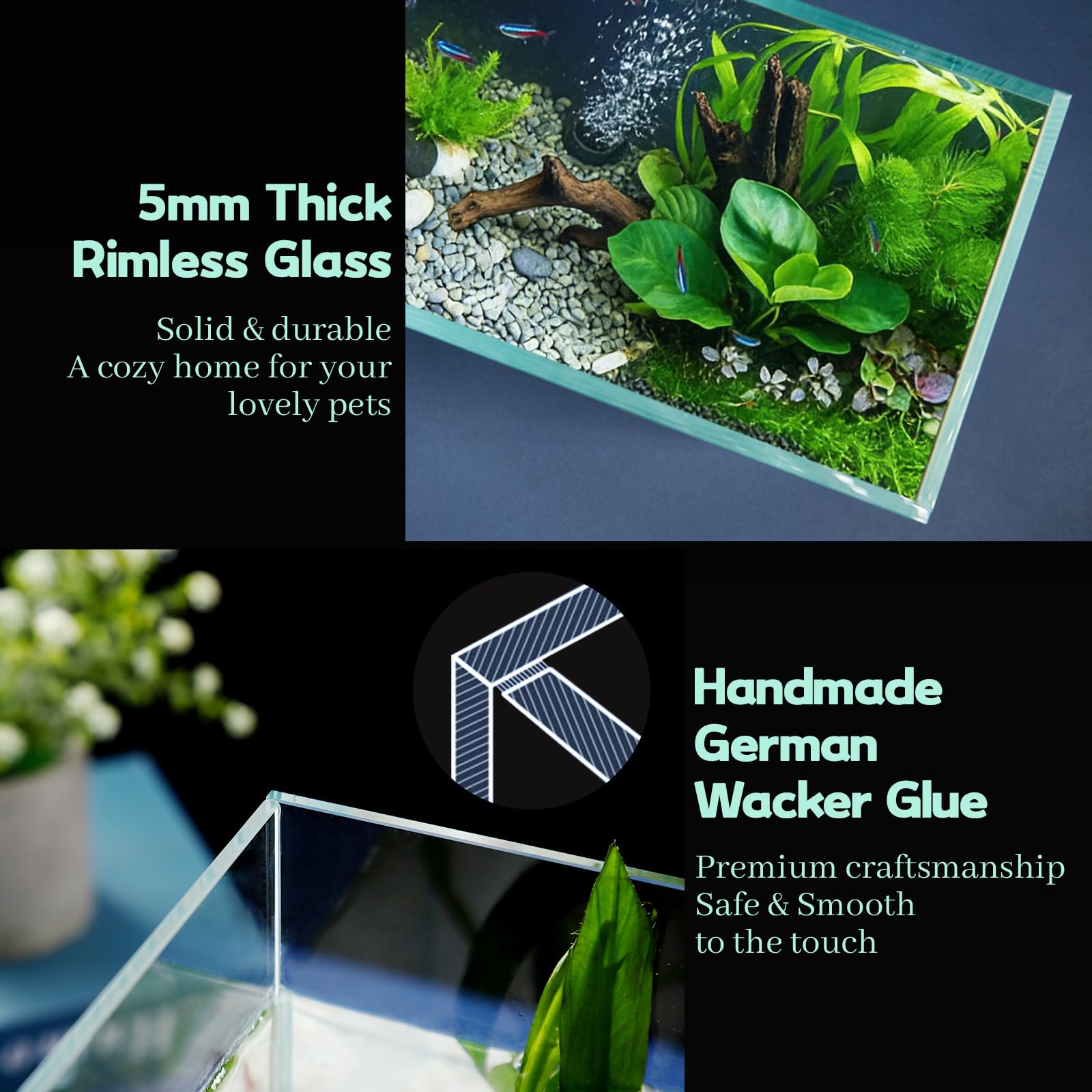 LAQUAL Kit Acuario de 7.6 L con Red, sifón & 2 paños de Limpieza, Cristal Transparente, pequeño Acuario para Betta y Peces Dorados, Bonita decoración del hogar