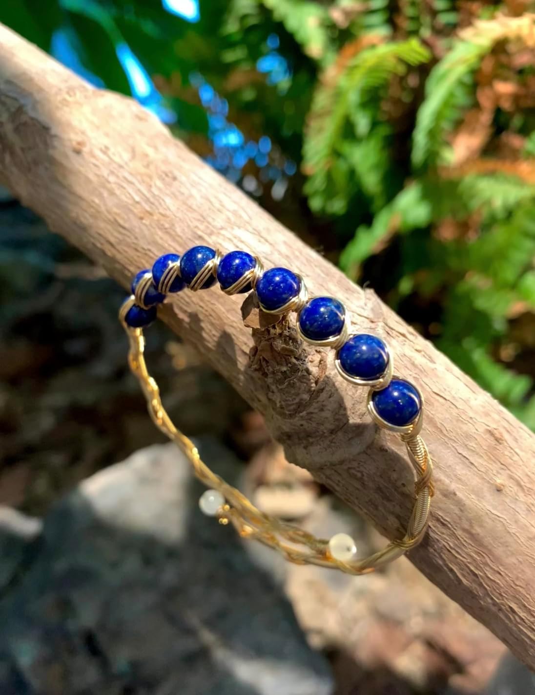 Handmade Genuine Lapis Lazuli 14k Gold Filled Wire Wrapped Bracelet, Birthstone Chakra Soothing Gemstone Crystal Beads Adjustable Bangle Cuff Jewelry Gift for Women Men - Image 3