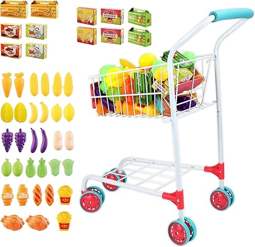 deAO Carrito de compras para niños con marco de metal resistente para niños pequeños, 46 piezas, alimentos, frutas, verduras, juego de rol, juguete