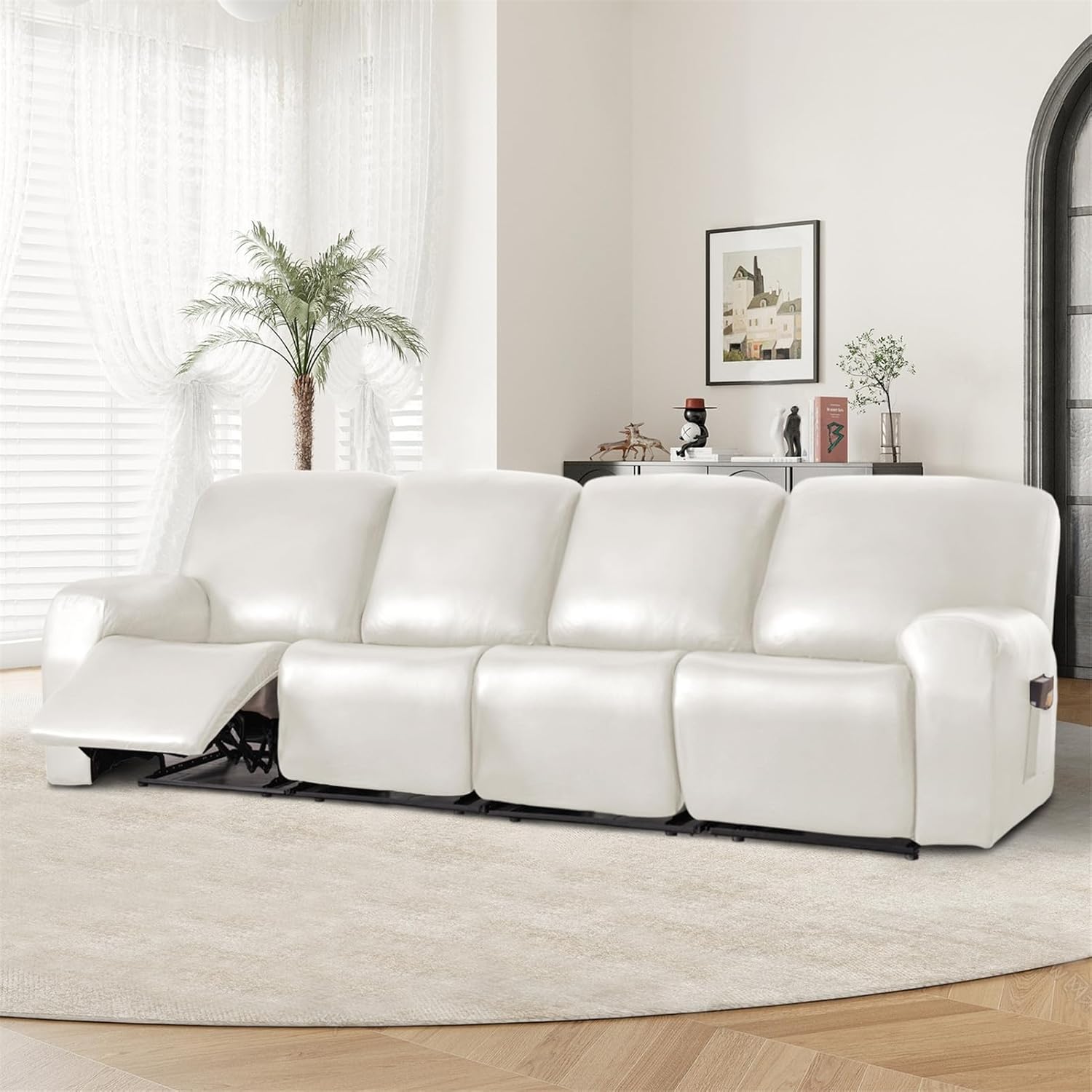 FXBZA Recliner Chair Covers Electric Chair, PU Leather Stretch Waterproof Recliner Slipcover with Pockets, for Living Room Armchairs Sofa Covers (White,4 Seats)