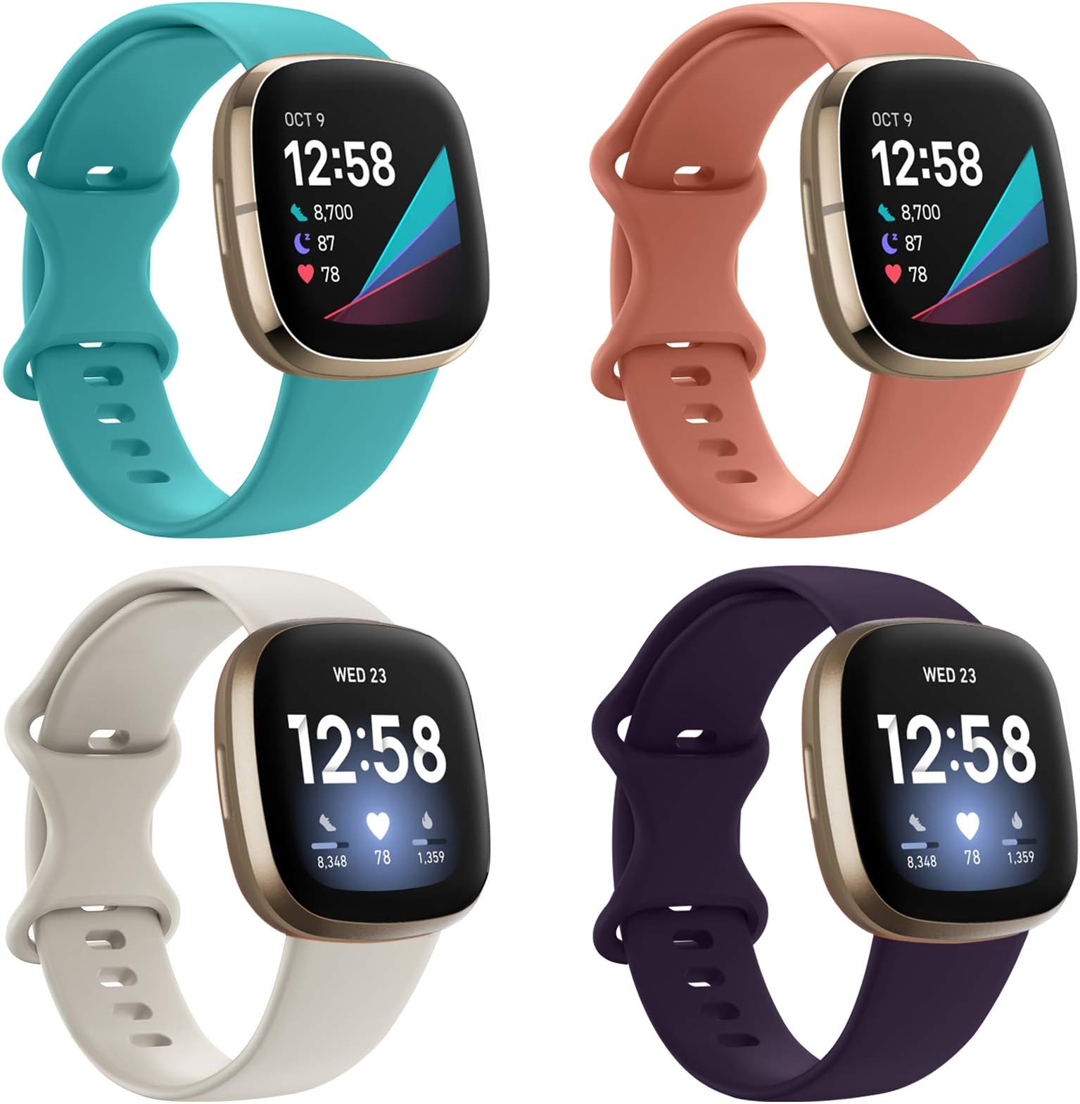 EZCO 4-Pack Sport Bands Compatible with Fitbit Sense / Versa 3, Soft Silicone Waterproof Breathable Watch Strap Replacement Wristband Accessories Women Man for Versa Sense Smart Watch